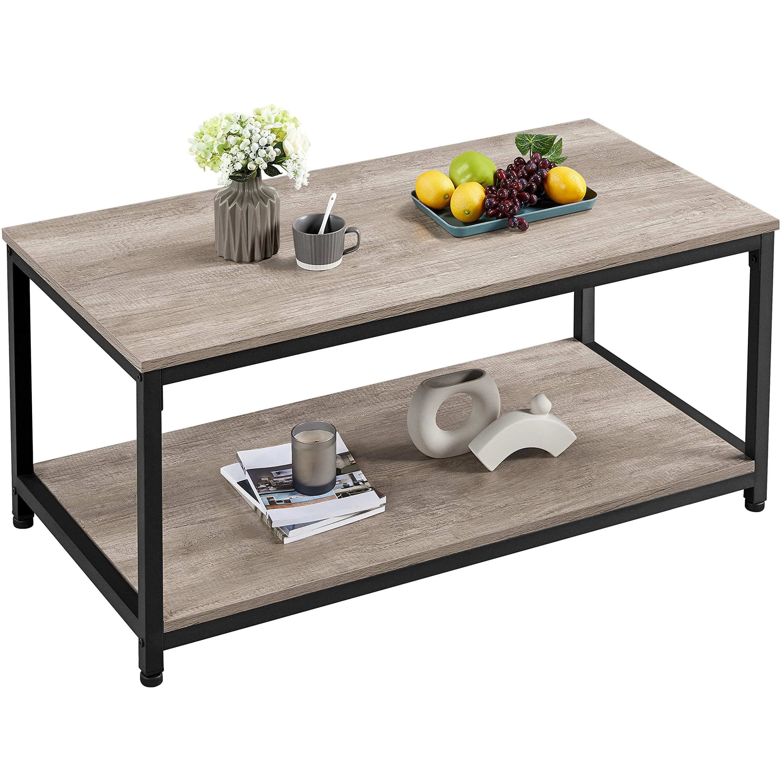 Yaheetech Industrial Coffee Table for Living Room, Large Side Table with Metal Leg and Storage Shelf, Grey, 100x50x45cm