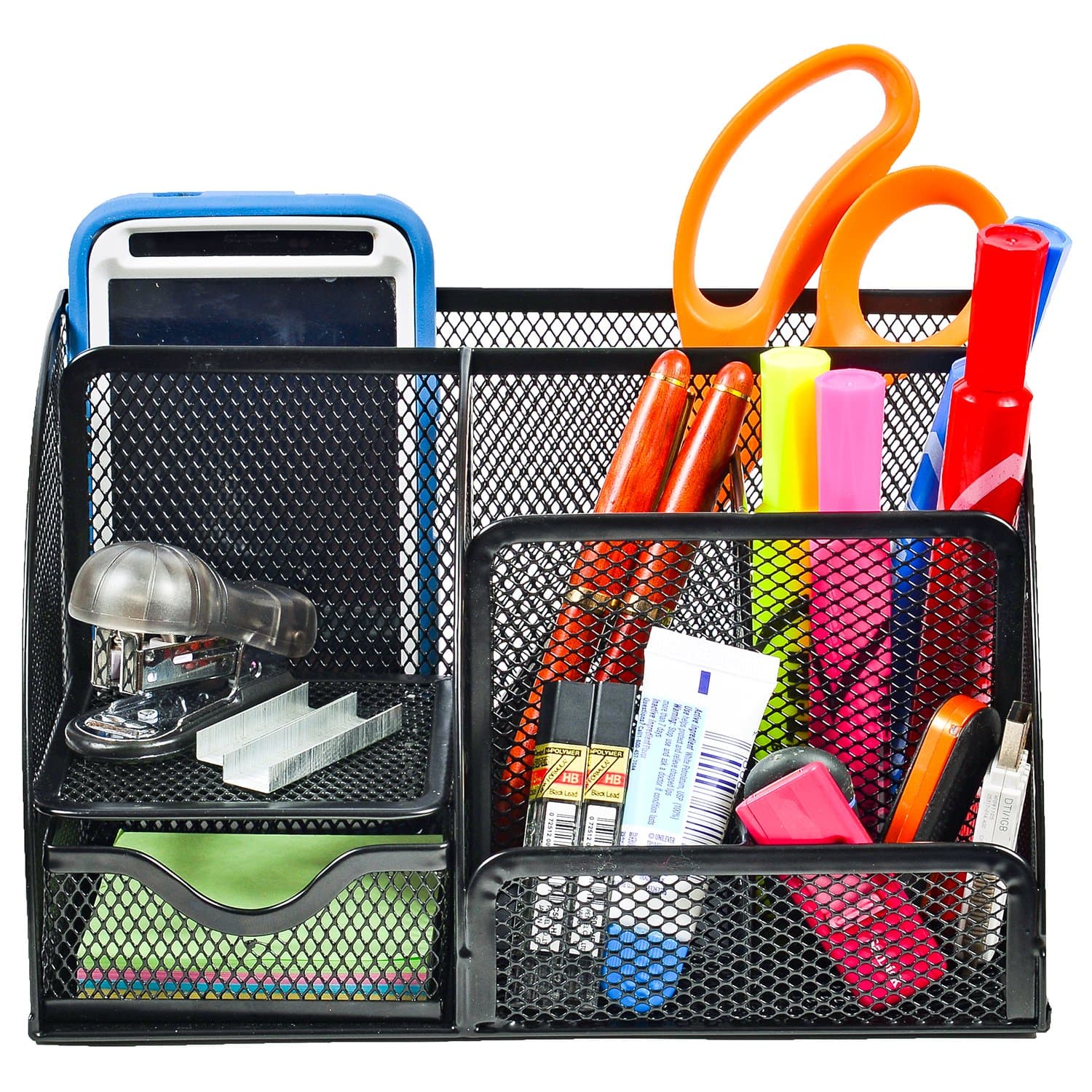 CoFads Desk Organizer Wire Mesh 6 Compartment with Additional Drawer, Office Supplies Caddy, Bonus Pack of 100 Sticky Notes Included, Color Black.