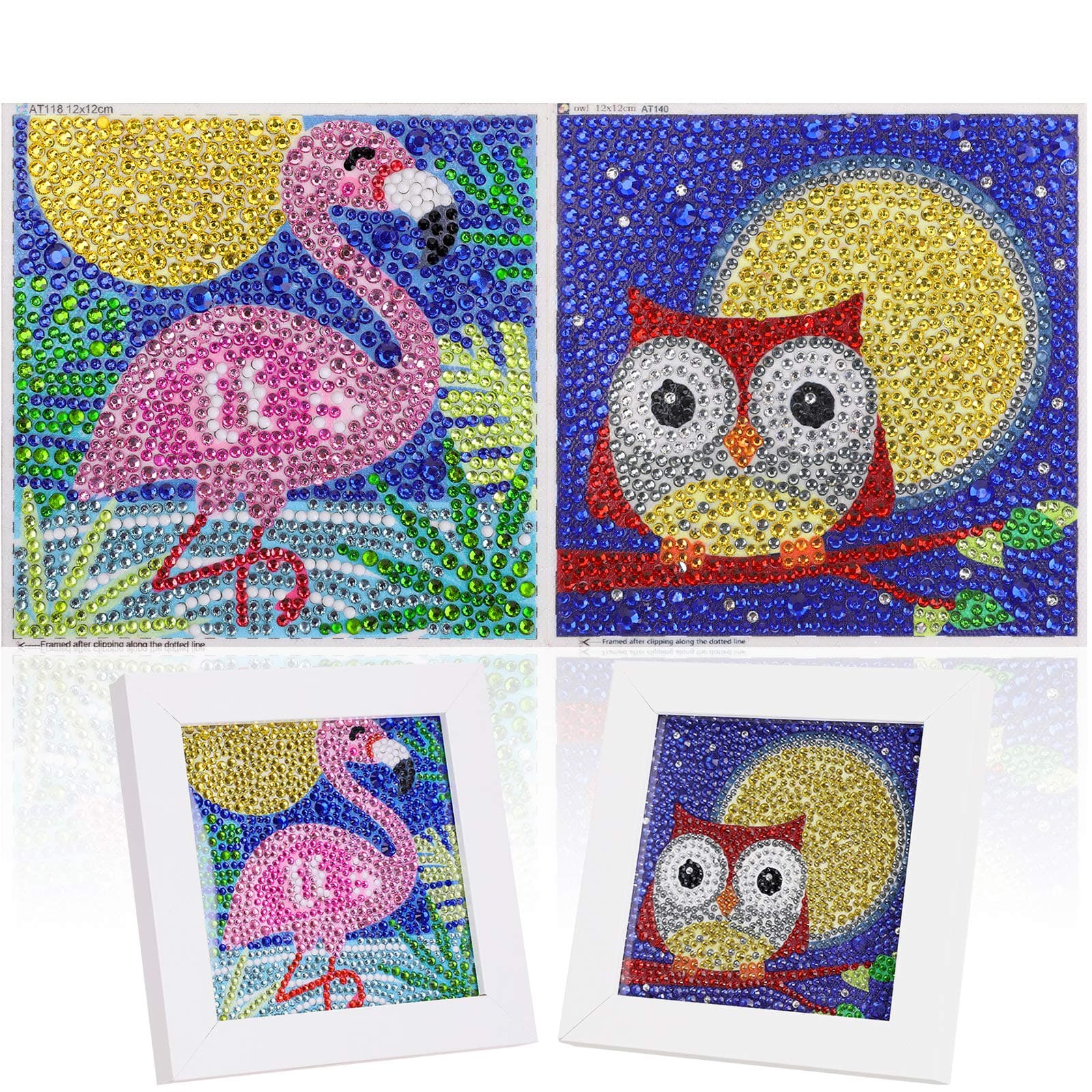2 Pack DIY 5D Diamond Paste Painting by Number Kit for Children,MWOOT Full Drill Diamond Dots Cross Stitch Beginners Art Crafts Kits,Kids Gift for Home Wall Decor 12x12CM (Flamingo + Owl)