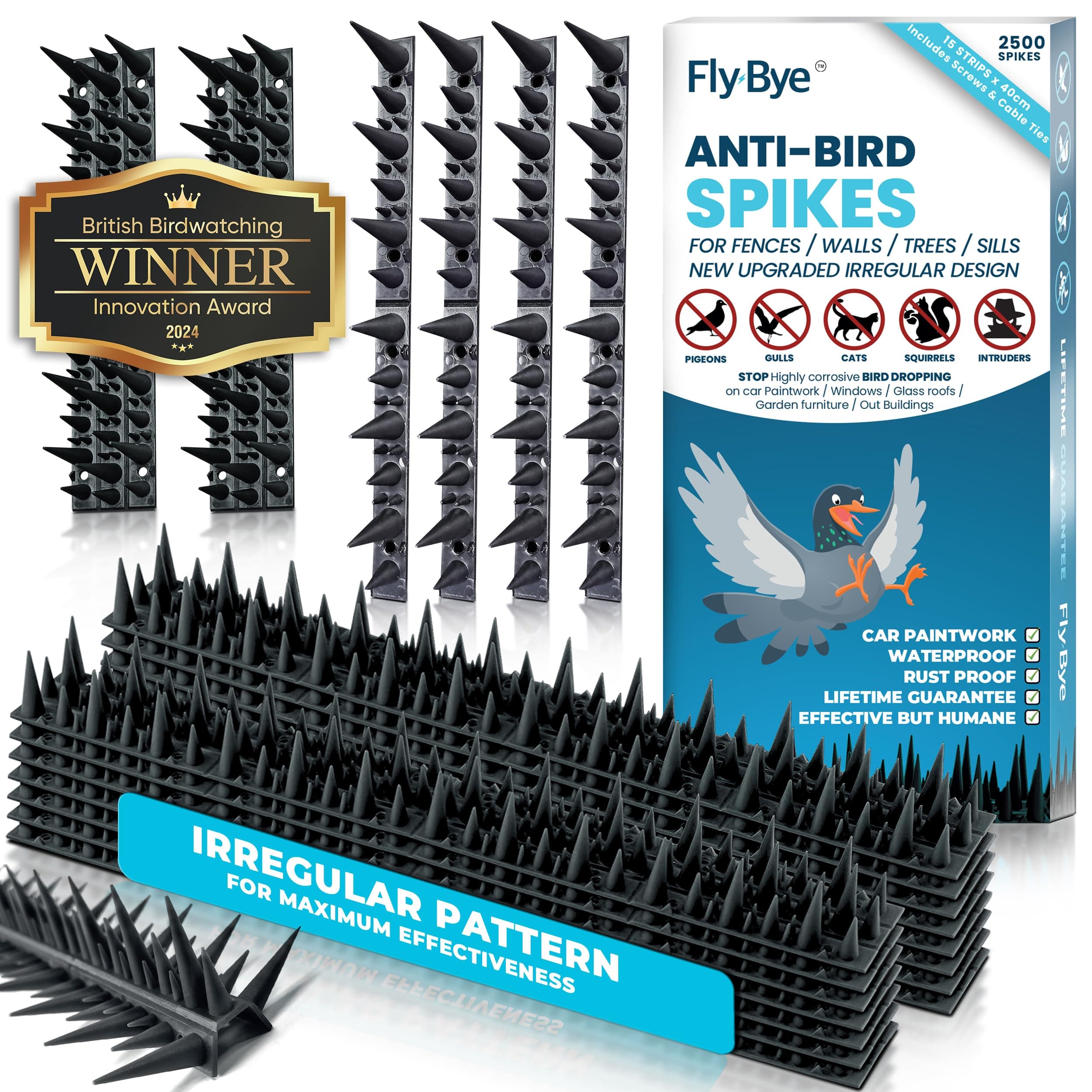 Fly-Bye Anti Bird Spikes - Huge 6m Coverage with Over 2500 Spikes - Pigeon Deterrent - Wall & Fence Spikes for Cats & Birds - Anti Pigeon Spikes-Upgraded Irregular Pattern Bird Spikes for Pigeons