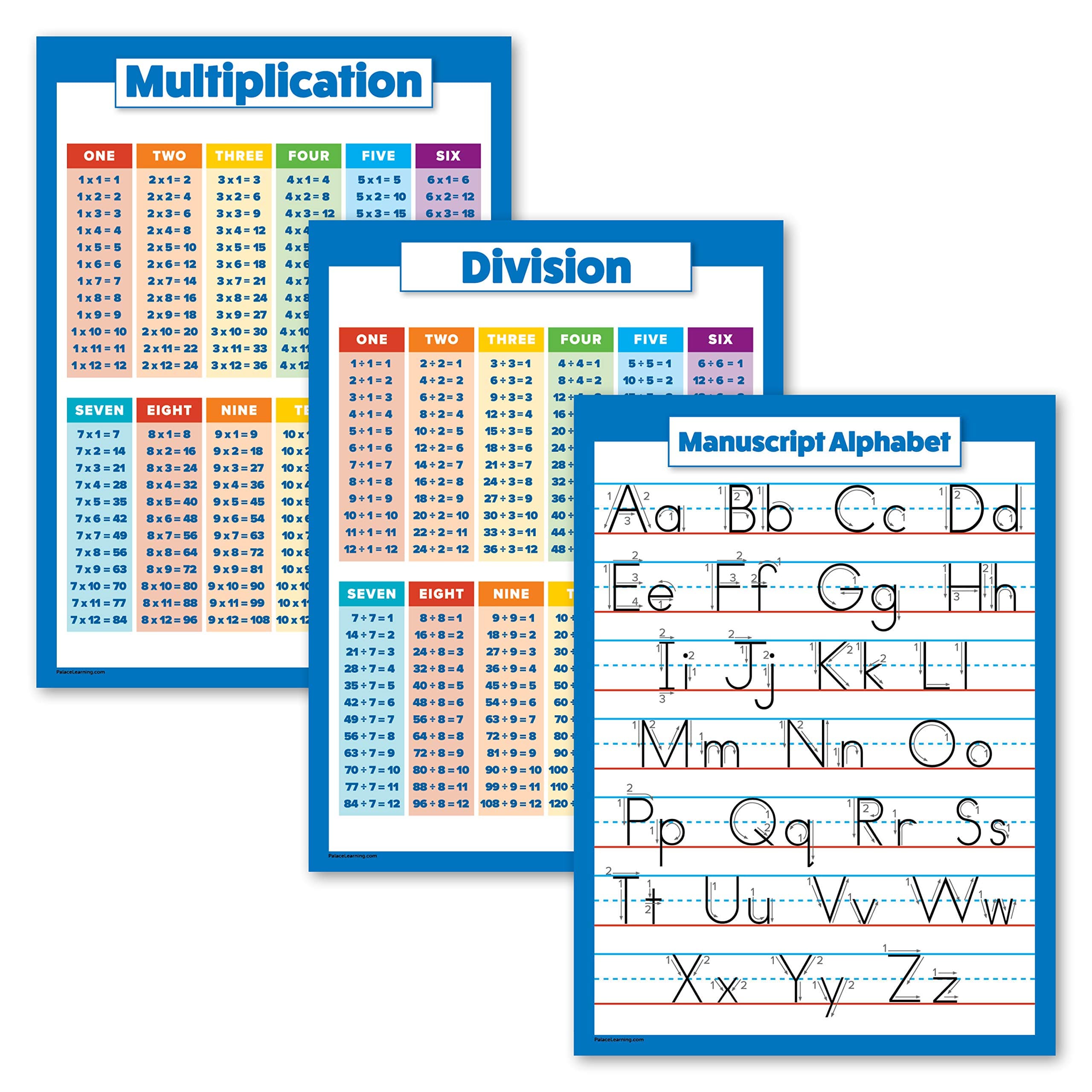 3 Pack - Multiplication Tables Poster + Division + Manuscript ABC Alphabet Chart (Laminated, 18" x 24")