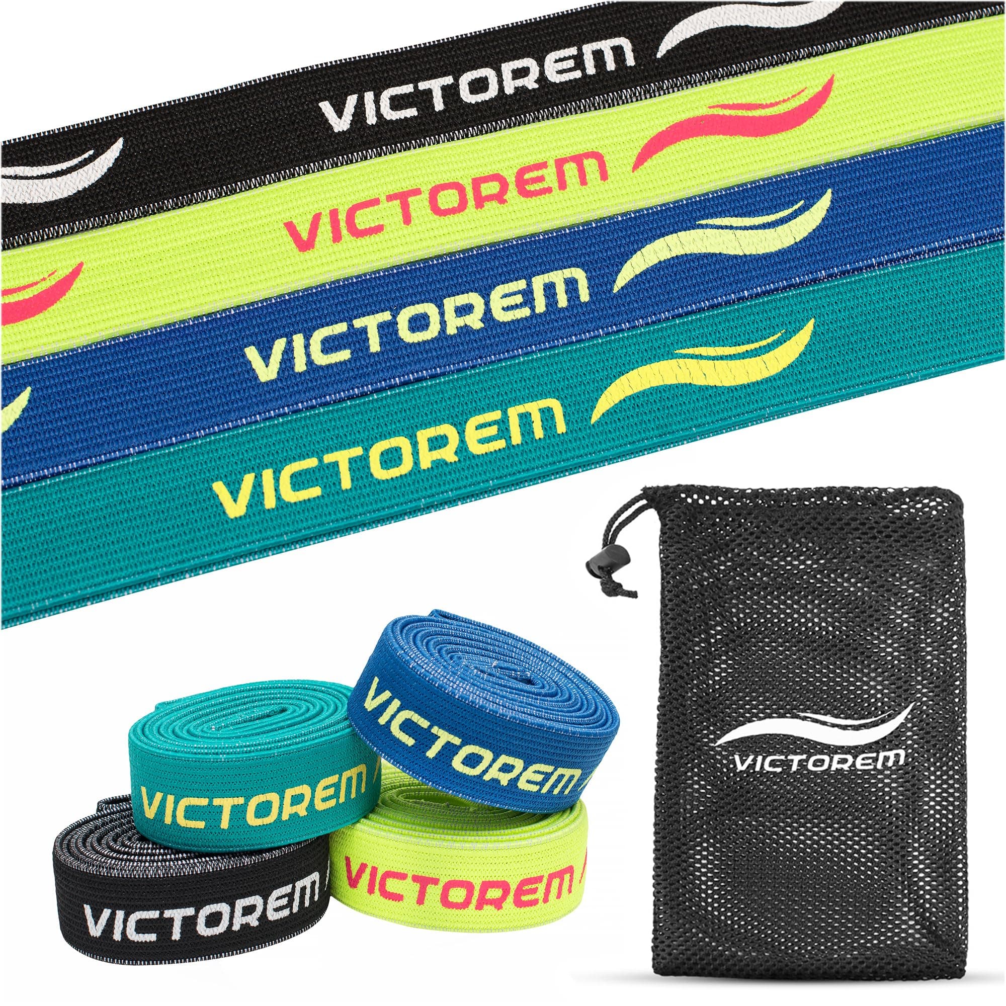 Victorem Pull Up Assistance Bands Set - Set of 4 Long Fabric Resistance Bands for Home - Sturdy Stretchy Equipment for Home Exercise and Stretching - Perfect for Fitness with Bag and Workout Guide
