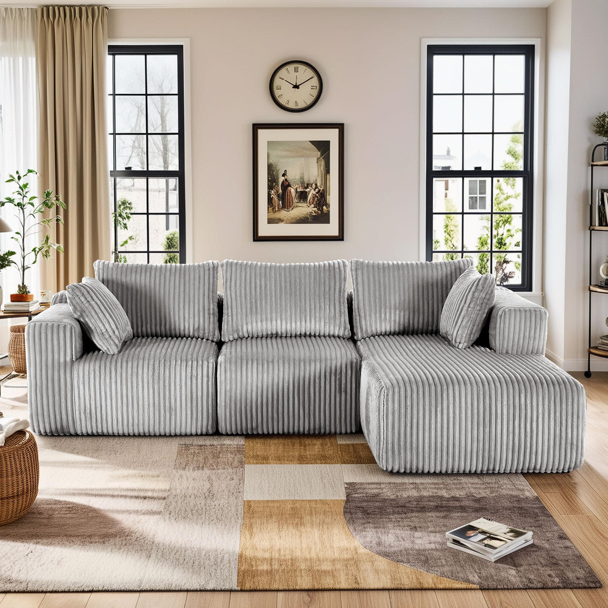 WorthFurni Cloud Modular Sofa Couch with L-Shape Chaise,Modern Sectional with Deep Seat, Upholstered Couches for Living Room Bedroom,No Assembly Required, Plush Corduroy Fabric 102"(Grey)