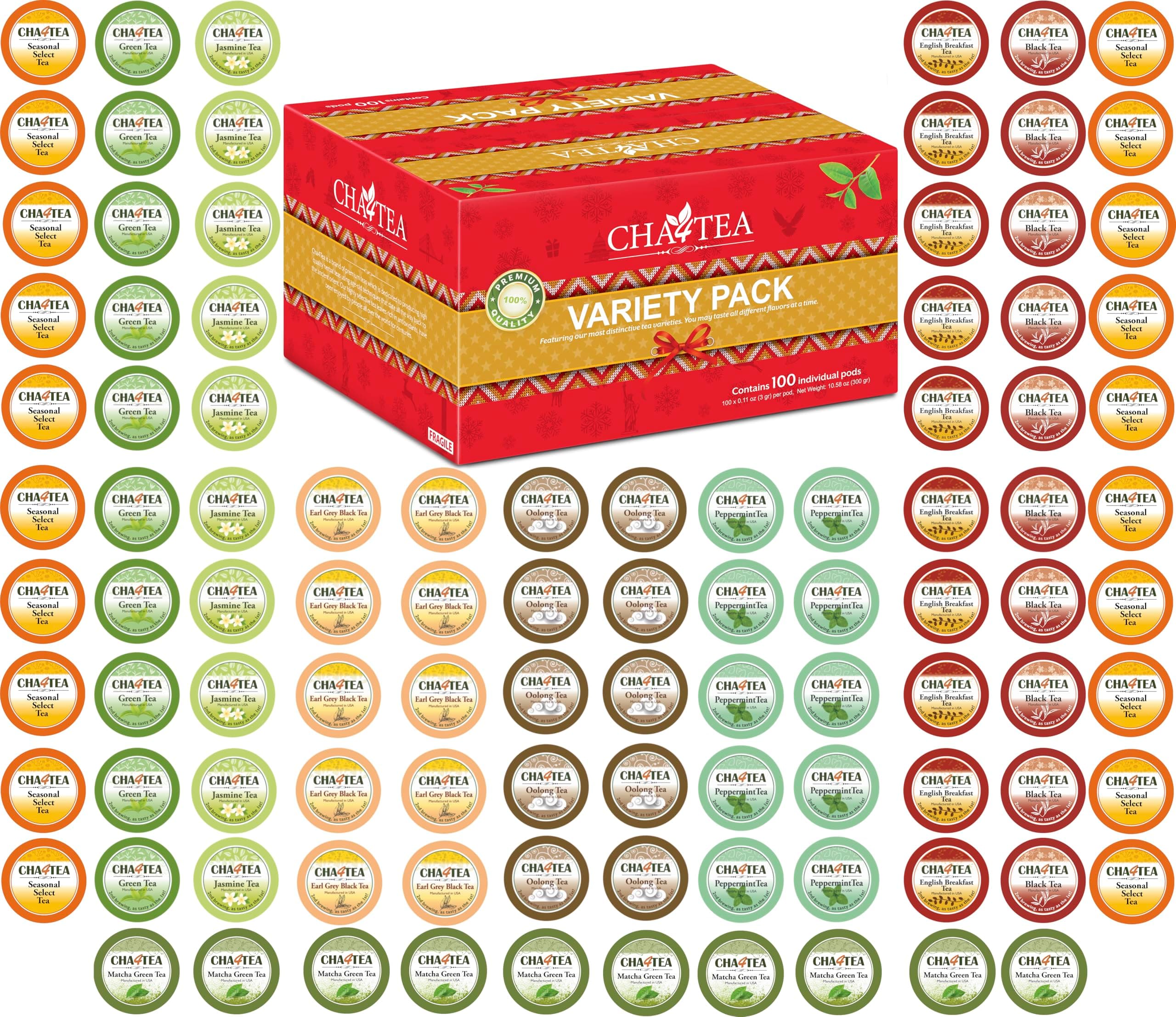 Cha4TEA 100-Count Variety Pack Tea, Compatible with Keurig Brewers, Includes Green, Black, Jasmine, Earl Grey, English Breakfast, Oolong, Peppermint, Matcha Green & 2 Seasonal Select Tea