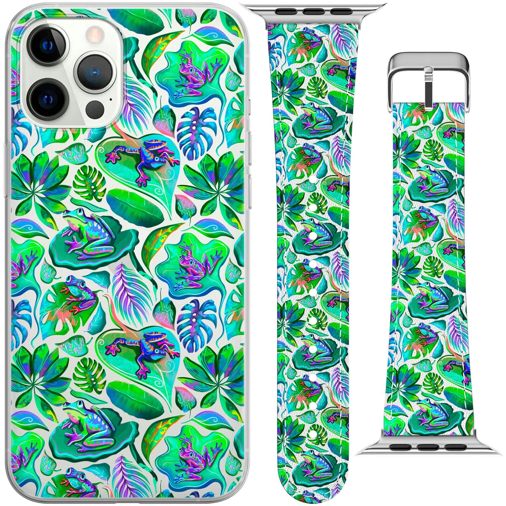 Generic, Watch Band Compatible with Apple Watch Series 7/6/SE/5/4/3/2/1 38-40-42-44-45mm Thin Hawaiian Trippy Tropical Frogs Durable Slim Green Leaves Strap for iWatch [+Matching Phone CASE]
