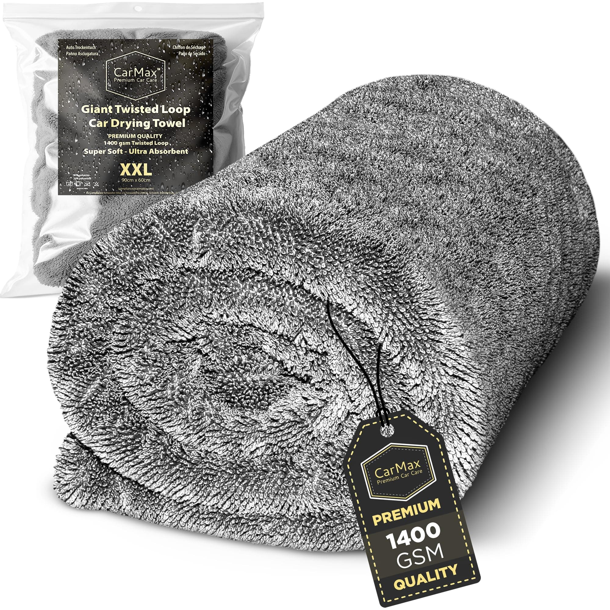 CarMax® - Original Twisted Loop Car Drying Towel - Double-Sided XXL - 90cm x 60cm 1400gsm Microfibre Towel for fast streak-free drying and detailing.