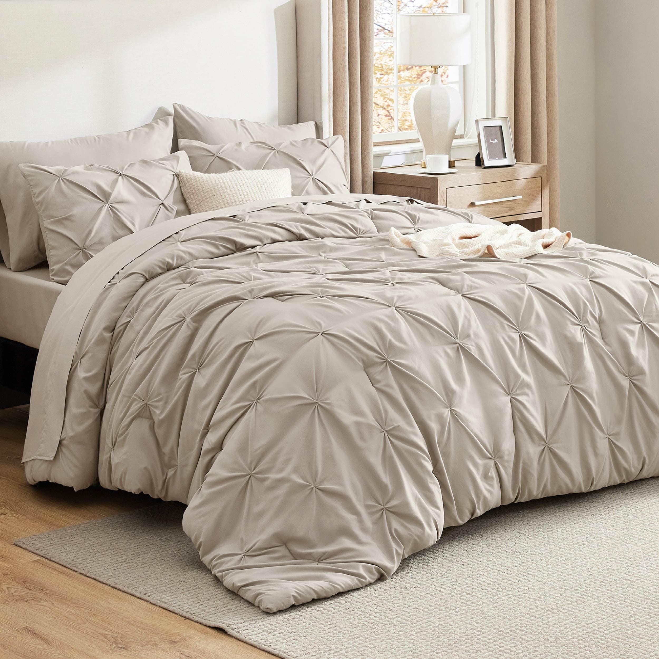 Bedsure Oversized Queen Comforter Set Beige - Bed in a Bag Oversized Queen Size 7 Pieces, GentleSoft™ Pintuck Bed Set Gift for Family, Pinch Pleat Beige Comforter with Sheets, Pillowcases & Shams
