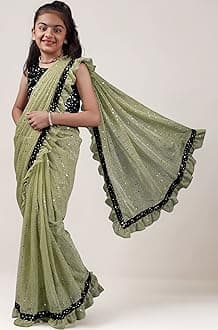 Kids Girls Lycra Blend Saree With Unstitched Sequence Blouse Piece (3-4 yrs to 11-12 yrs) (Pista, 5-6 Years - M)