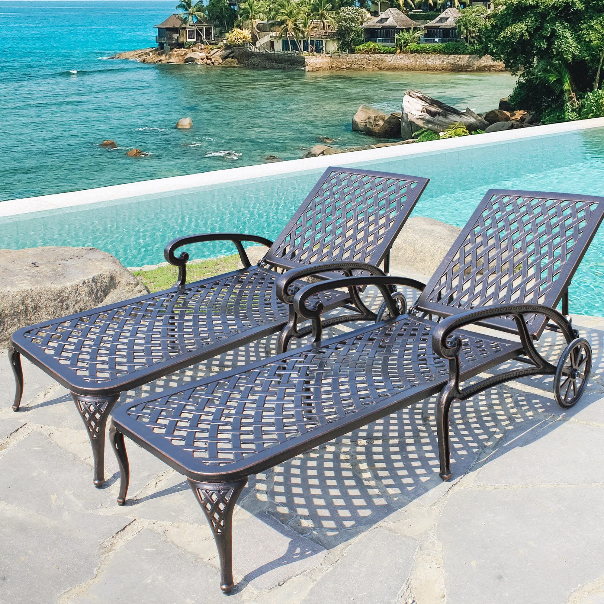 HOMEFUN Chaise Lounge Chair Outdoor, Poolside Lounger Set of 2 Cast Aluminum Tanning Chairs with Adjustable Backrest and Moveable Wheels, Bronze