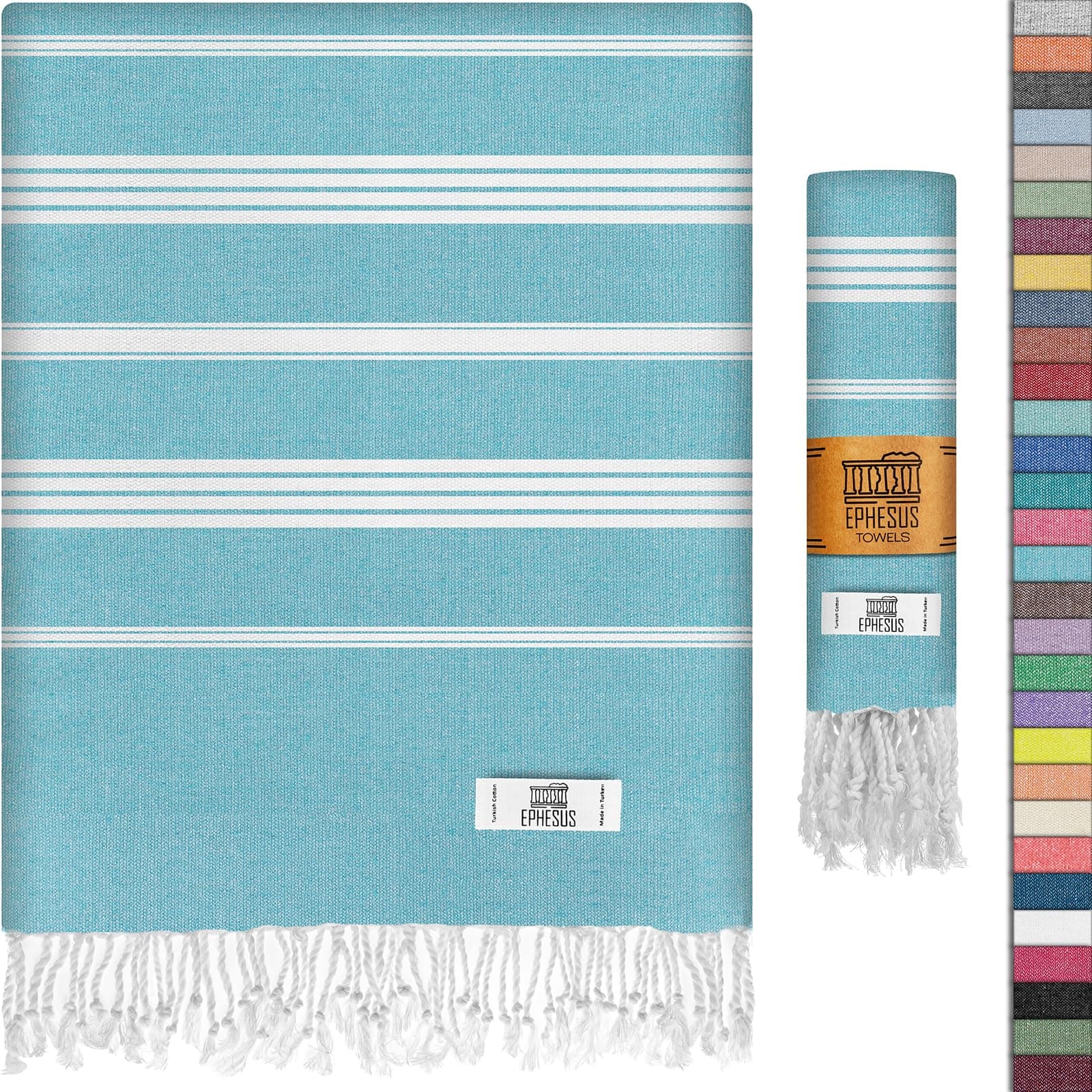 Turkish Beach Towel - 38x70 inch Oversized - Sultan Design - Turkish Towel for Beach, Bath, Pool, Gym, Yoga - Prewashed, Lightweight, Quick Dry (Aqua Turquoise)