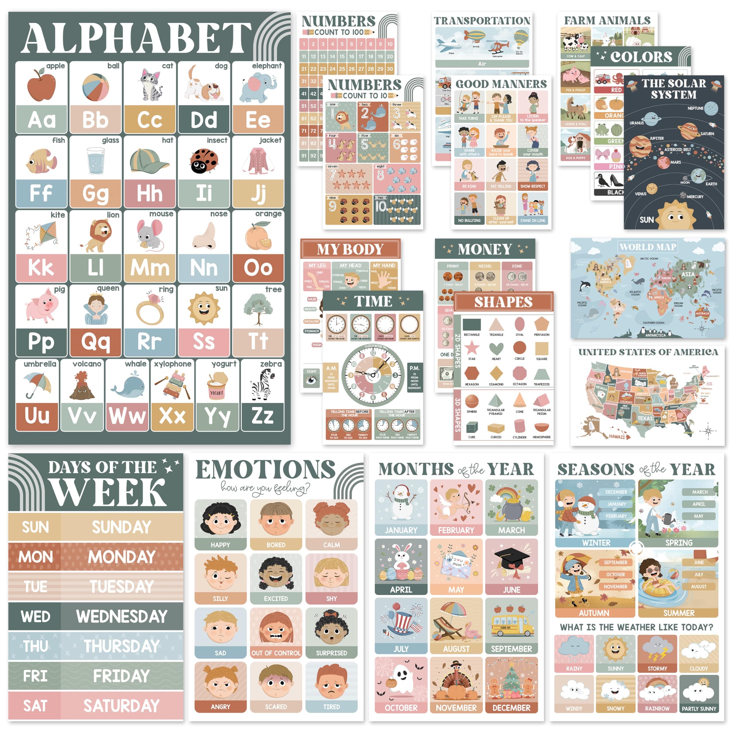 18 Modern Boho Pre K Educational Posters For Preschoolers, Laminated Kindergarten Learning Posters For Toddlers 1-3, Homeschool Classroom Kids Learning Posters For Walls, Preschool Learning Charts