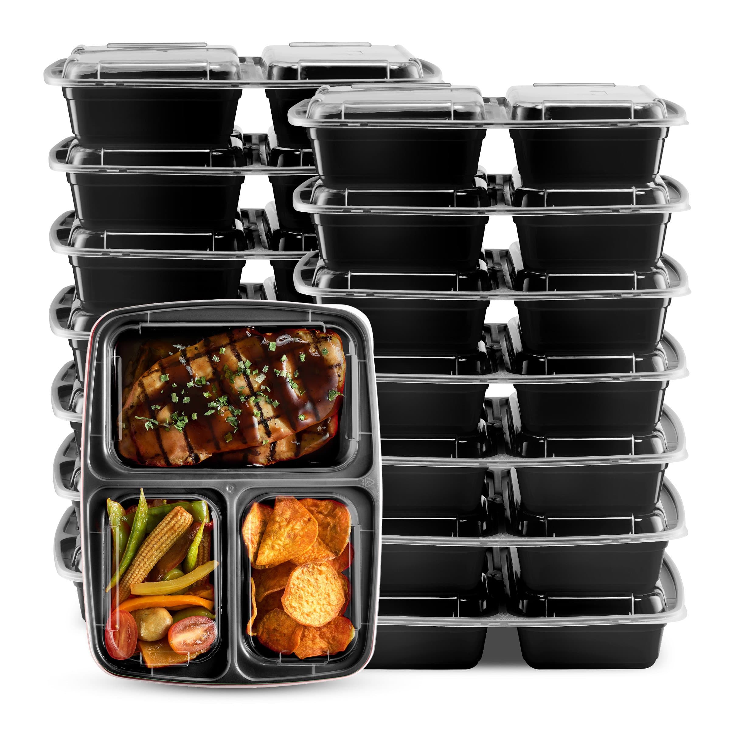 3 Compartment Portion Control Lunch Box and Food Storage Container Set -Black- 10 Pack