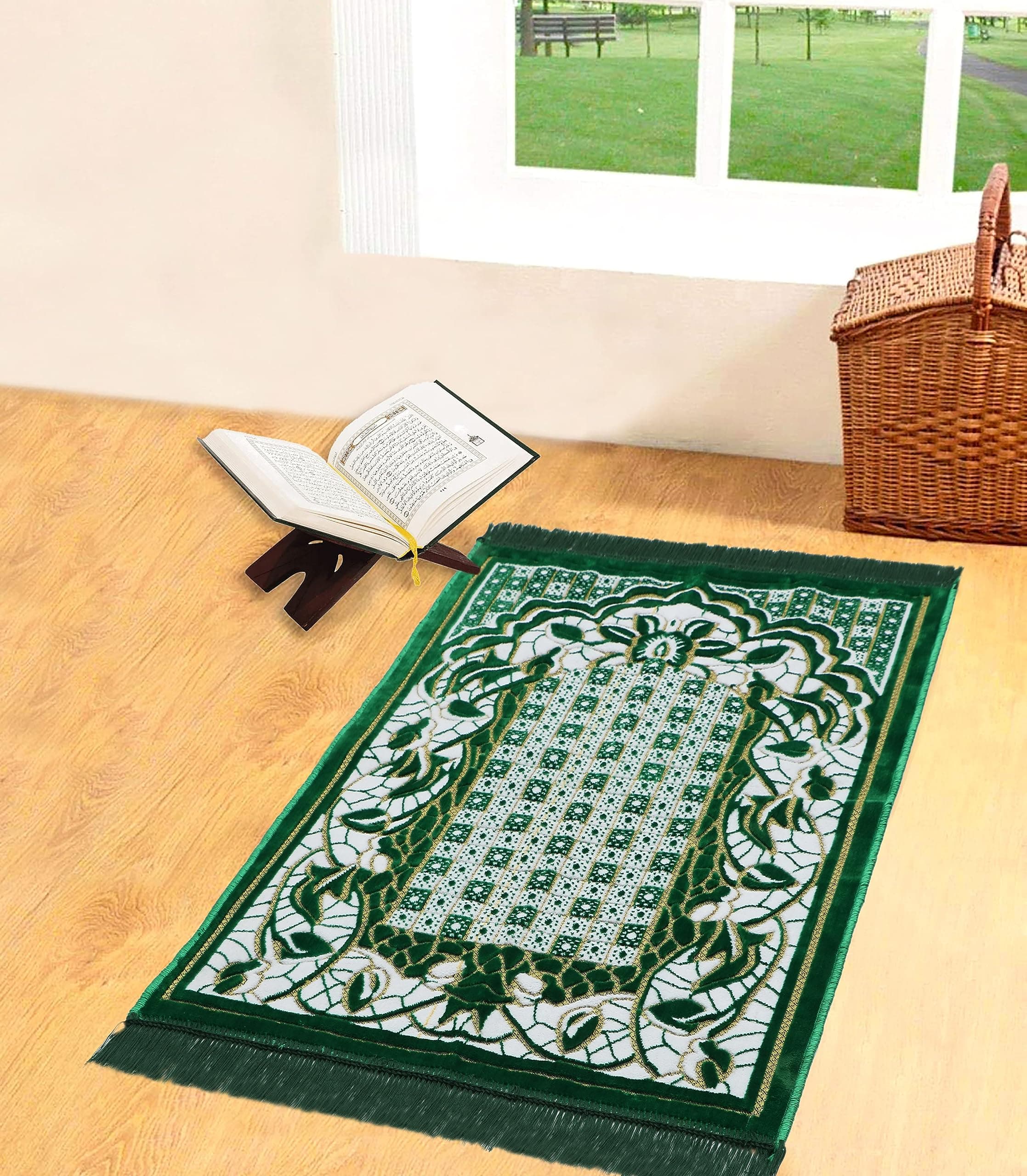 THE HOME TALK Foldable Prayer Mat - Janamaz Prayer Mat Polyester Viscose - Traditional Carpets - Mats for Home - Soft Comfortable Carpets - 27 x 47 Inches - Dark Green Design May Vary