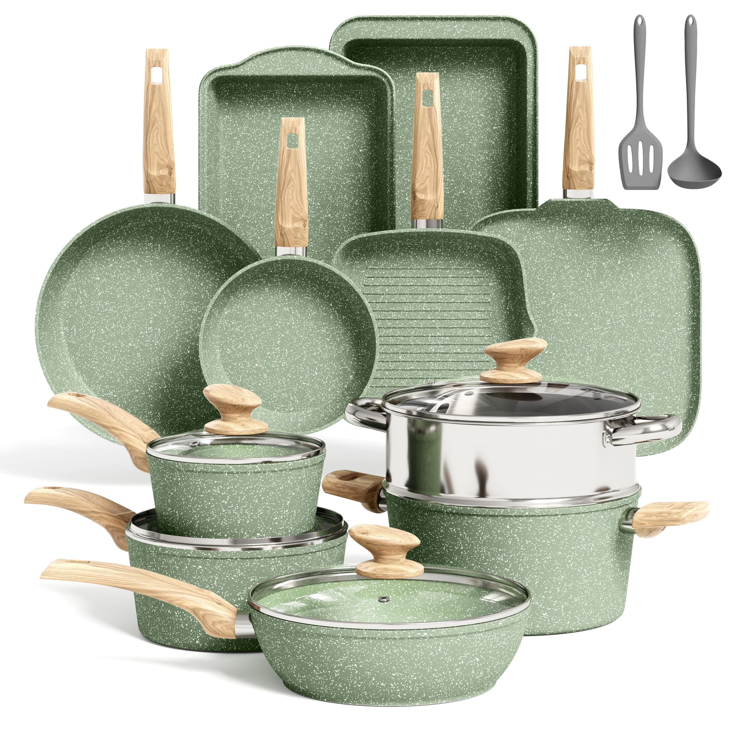 Kitchen Academy 17 Pcs Pots and Pans Set Non Stick, Induction Kitchen Cookware Set, Green Healthy Nonstick Granite Coated Saucepans Frying Pans Set, PFOA & PFOS Free