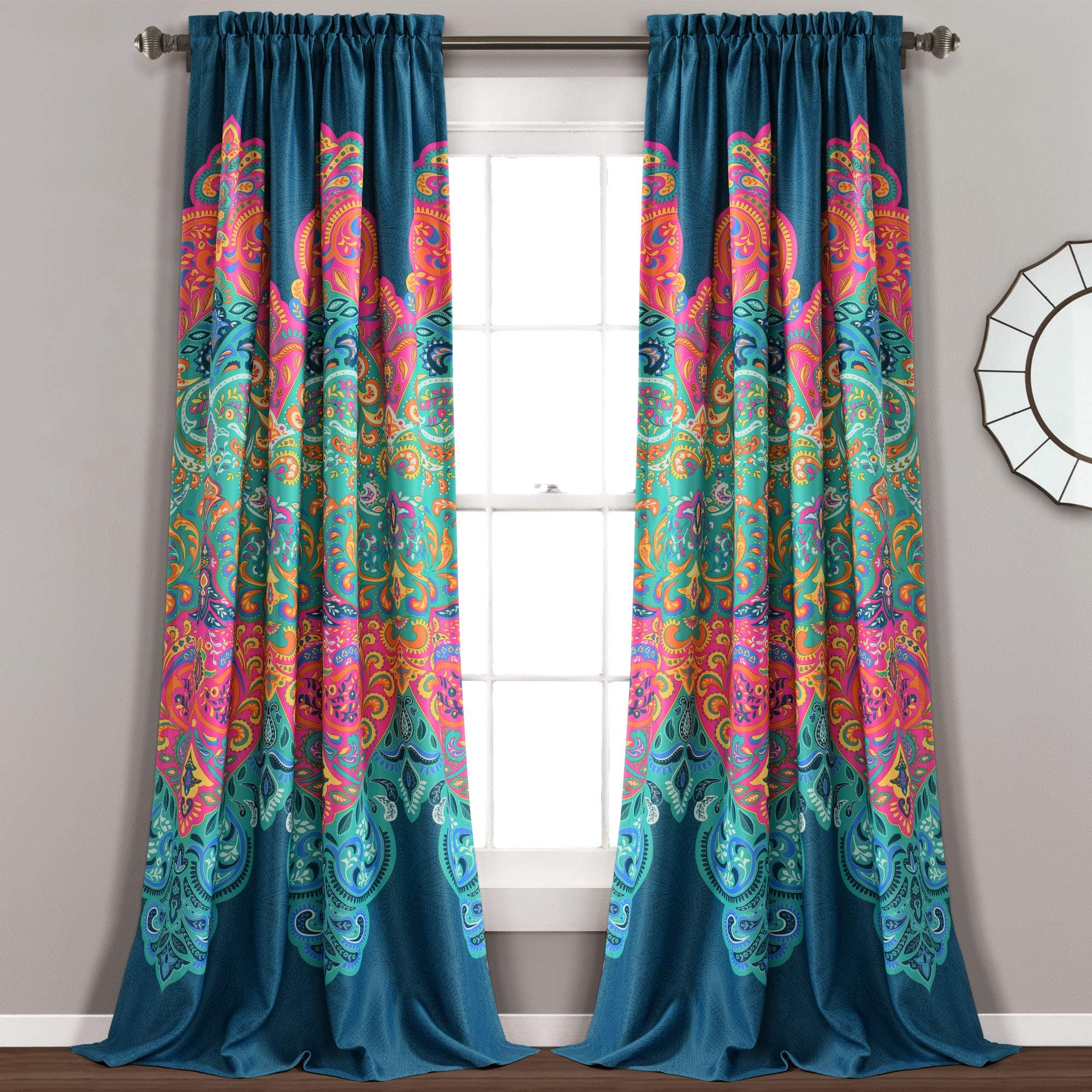 Lush Decor Boho Chic Room Darkening Window Curtain Panel Pair, 95" x 52" + 2" Header, Turquoise and Navy, 95 in 52 in, & Navy