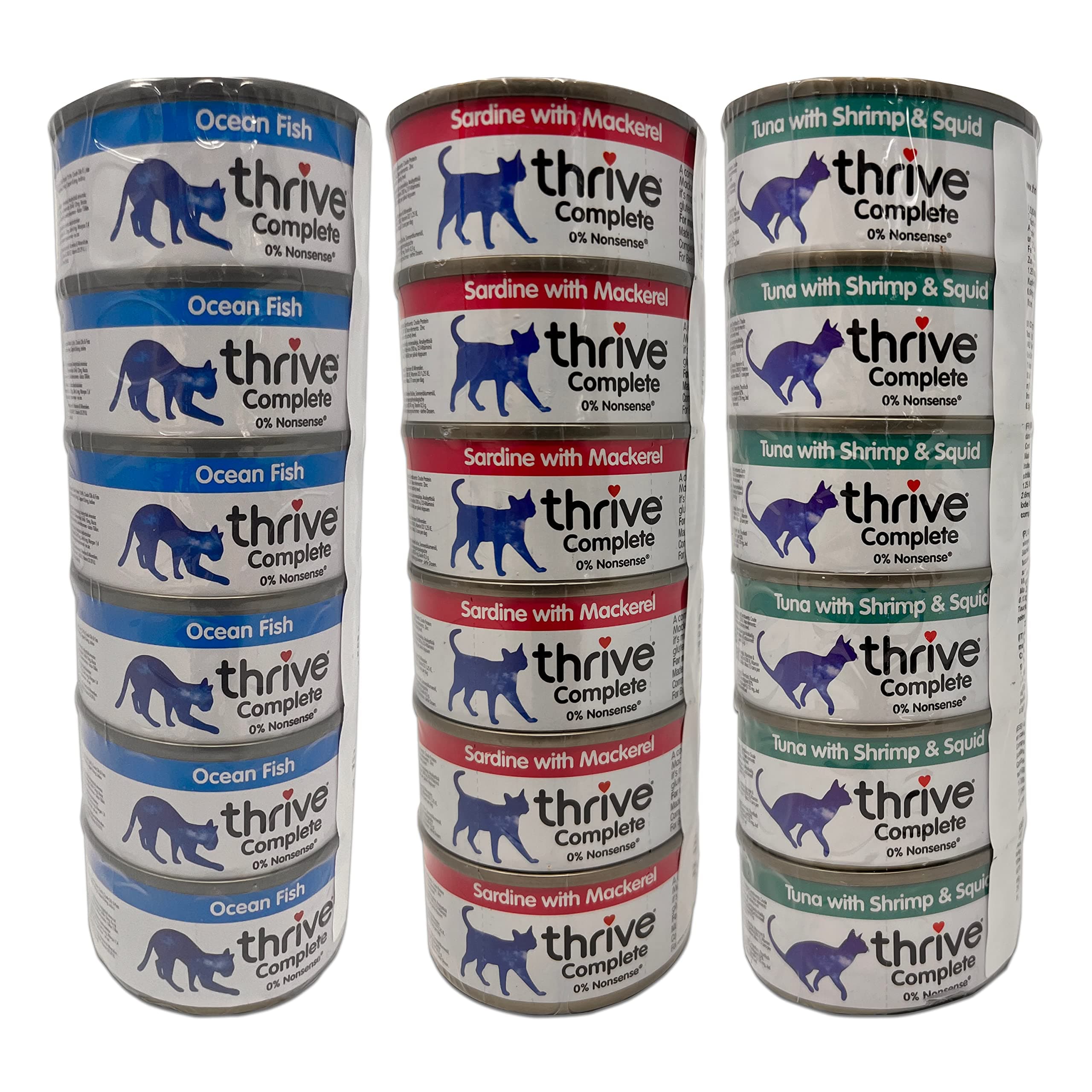 – Thrive Cat Food Wet Complete Bundle - 18 Tinned Sets (6 x Ocean Fish, 6 x Sardine & Mackerel, 6 x Tuna With Shrimp & Squid) 75g Each