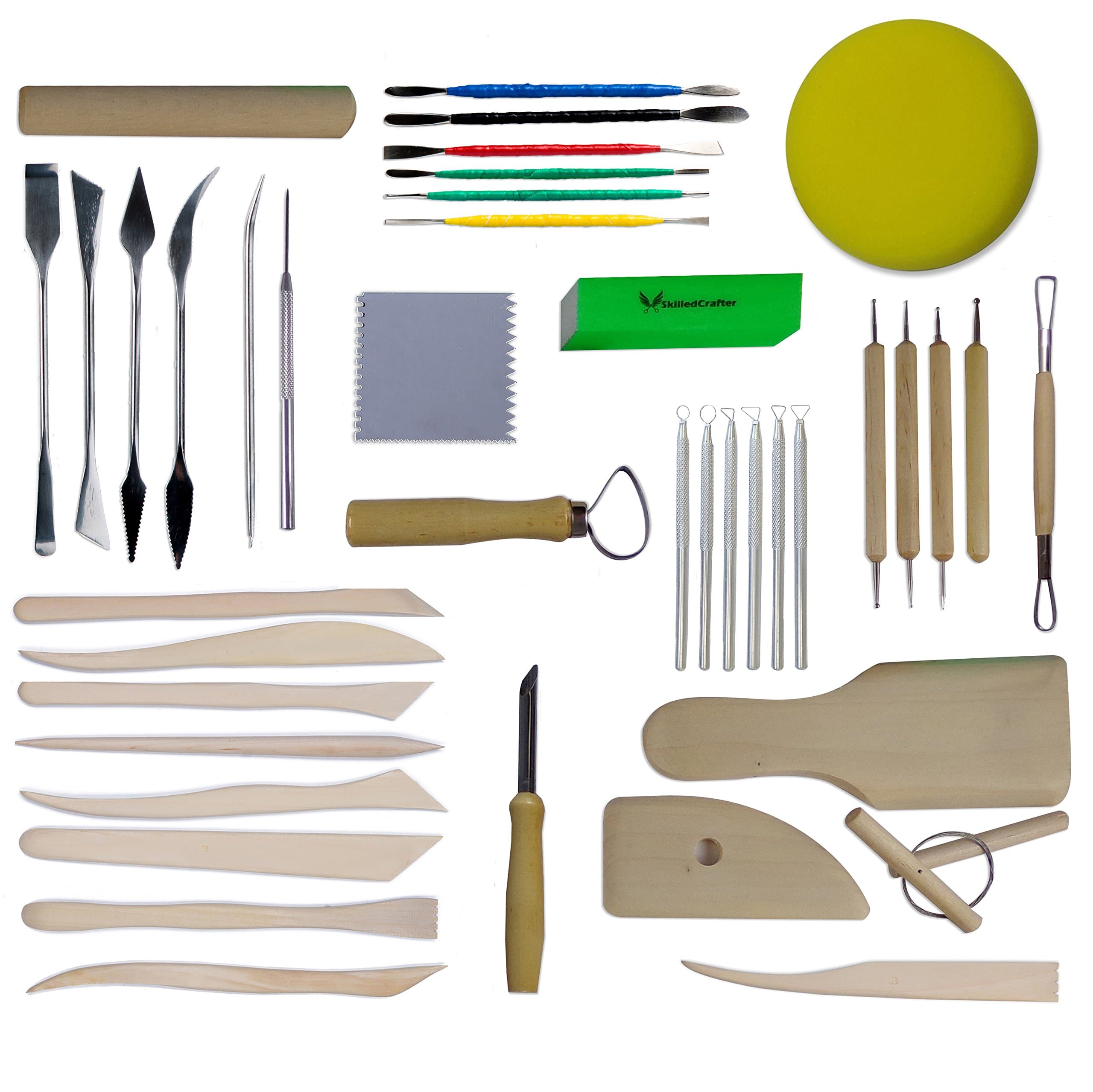 Skilled Crafter Clay Sculpting Tools. 42 Piece Set for Modeling & Detailing, and Ideal for Work on a Potters Wheel. Includes Free Sponge & Needle Tool