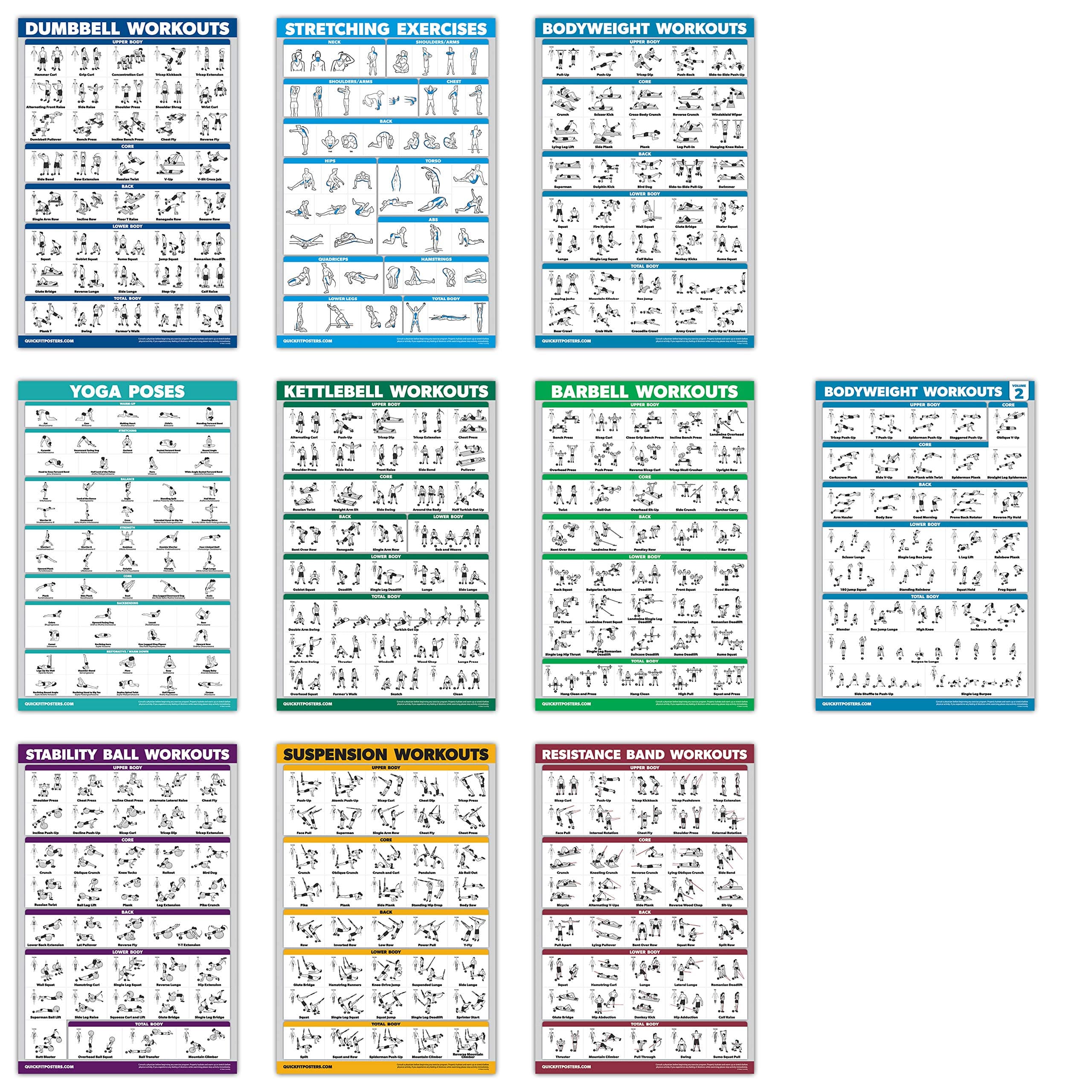 QuickFit 10 Pack - Exercise Workout Poster Set - Bodyweight Volume 1 & 2, Dumbbell, Suspension, Kettlebell, Resistance Bands, Stretching, Barbell, Yoga Poses, Exercise Ball (Laminated, 18" x 27")