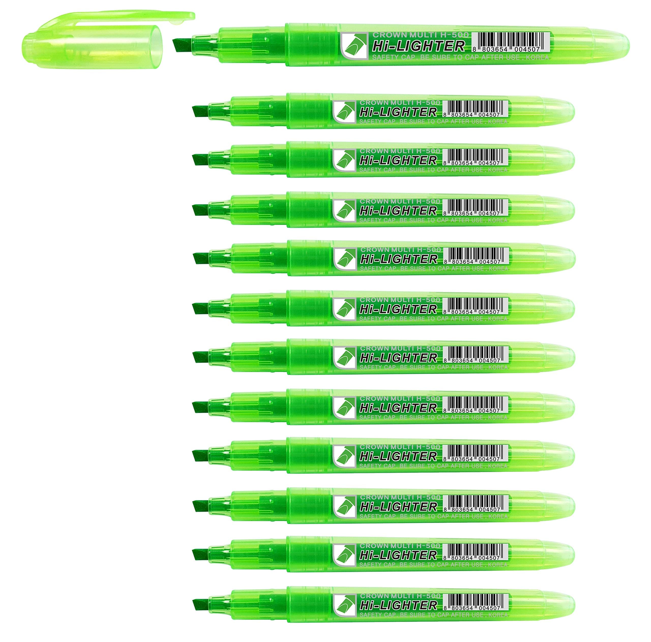 CROWN H-500 Highlighter Pens Chisel Tip Slim Highlighters - Pack Of 12 - With Bright Fluorescent Ink - Green