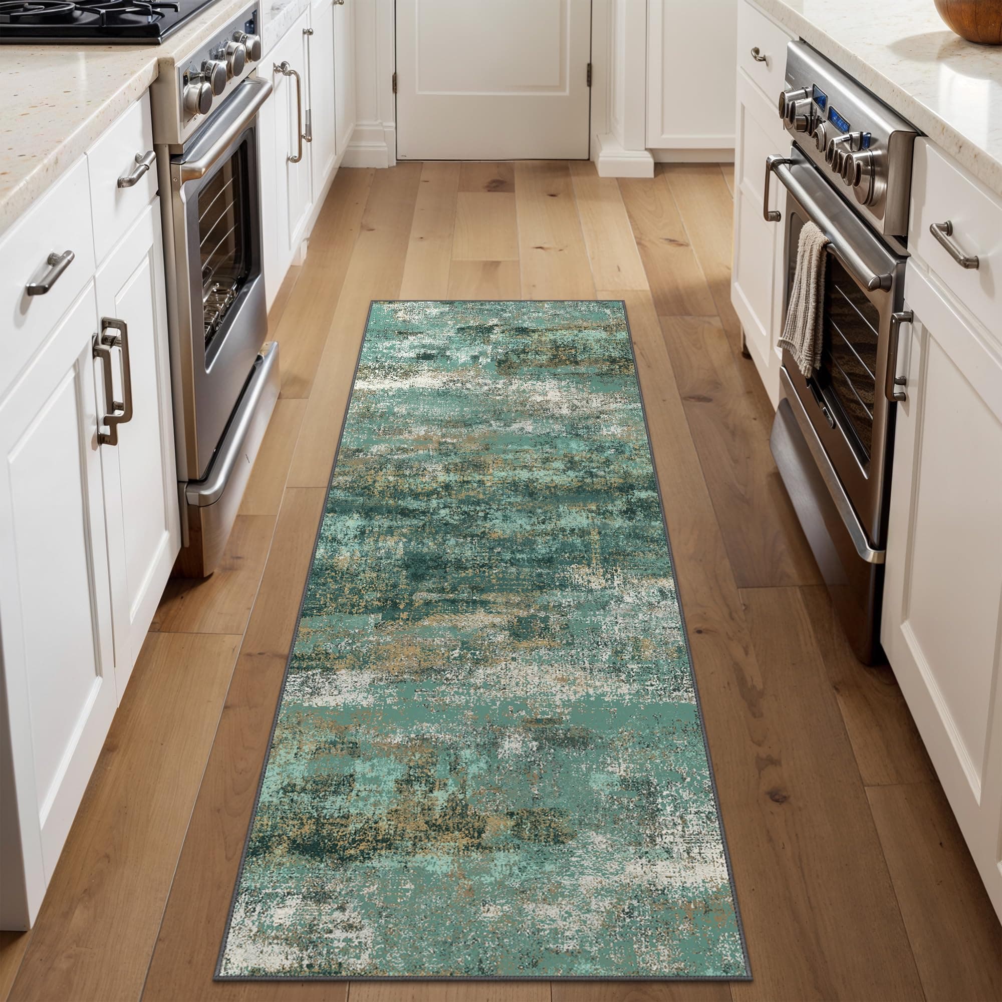 Runner Rug for Hallway Kitchen, 2x6 Machine Washable Runners Rug for Entryway, Soft Modern Abstract Throw Rugs, Low Pile Floor Cover with Non Slip Backing, Turquoise