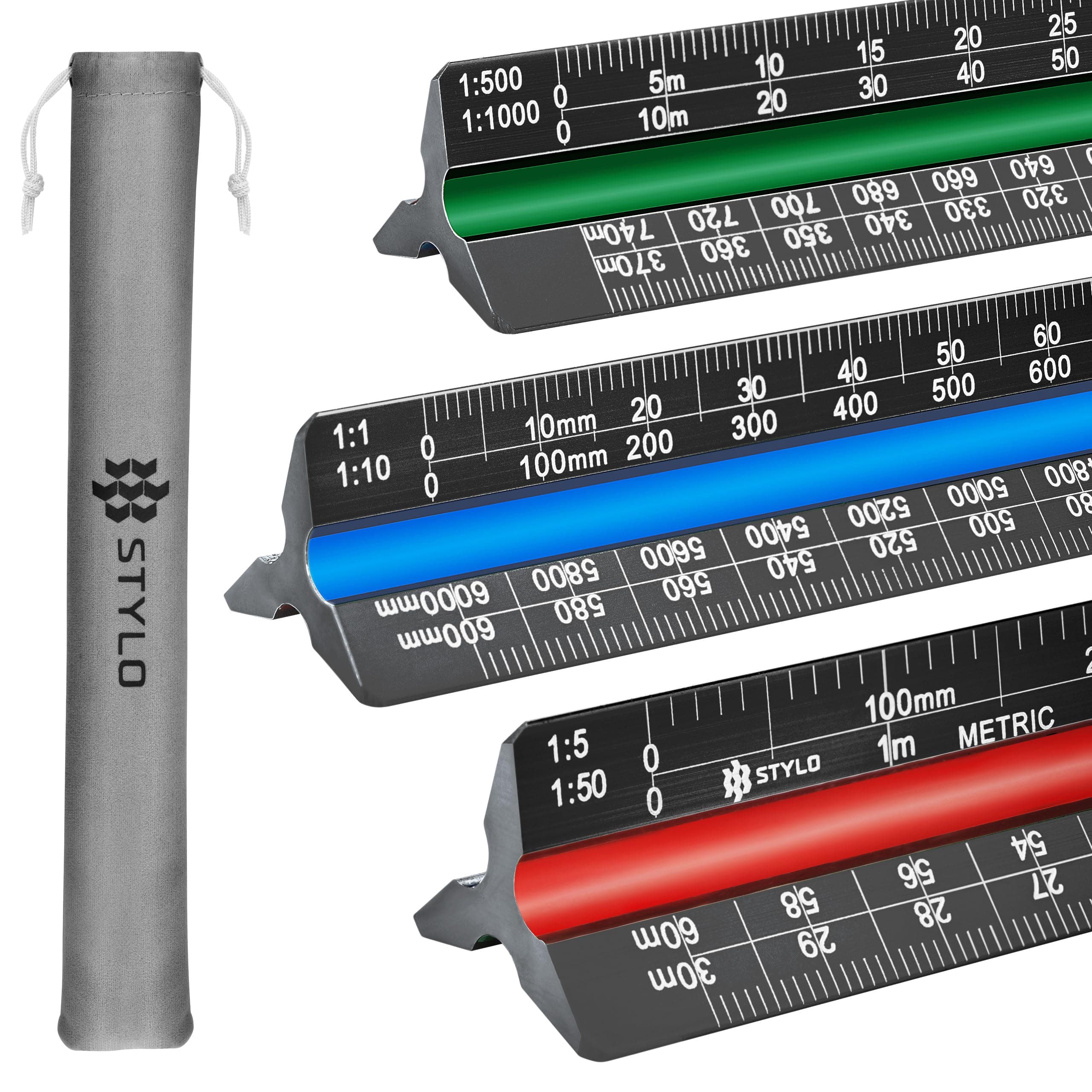 Aluminum Architect Scale - 30cm Laser Etched Triangle Drafting Ruler with Colour Coded Grooves for Blueprint, Drafting - Architectural Scale (Black, Metric Units)