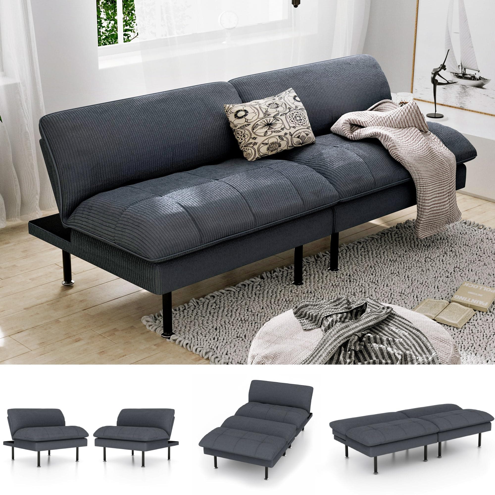 70" Futon Sofa Bed, 4 in 1 Multi-Function Couch Sleeper with Adjustable Backrest, Modern Convertible Futon, Recliner Small Loveseat for Living Room, Office, Grey