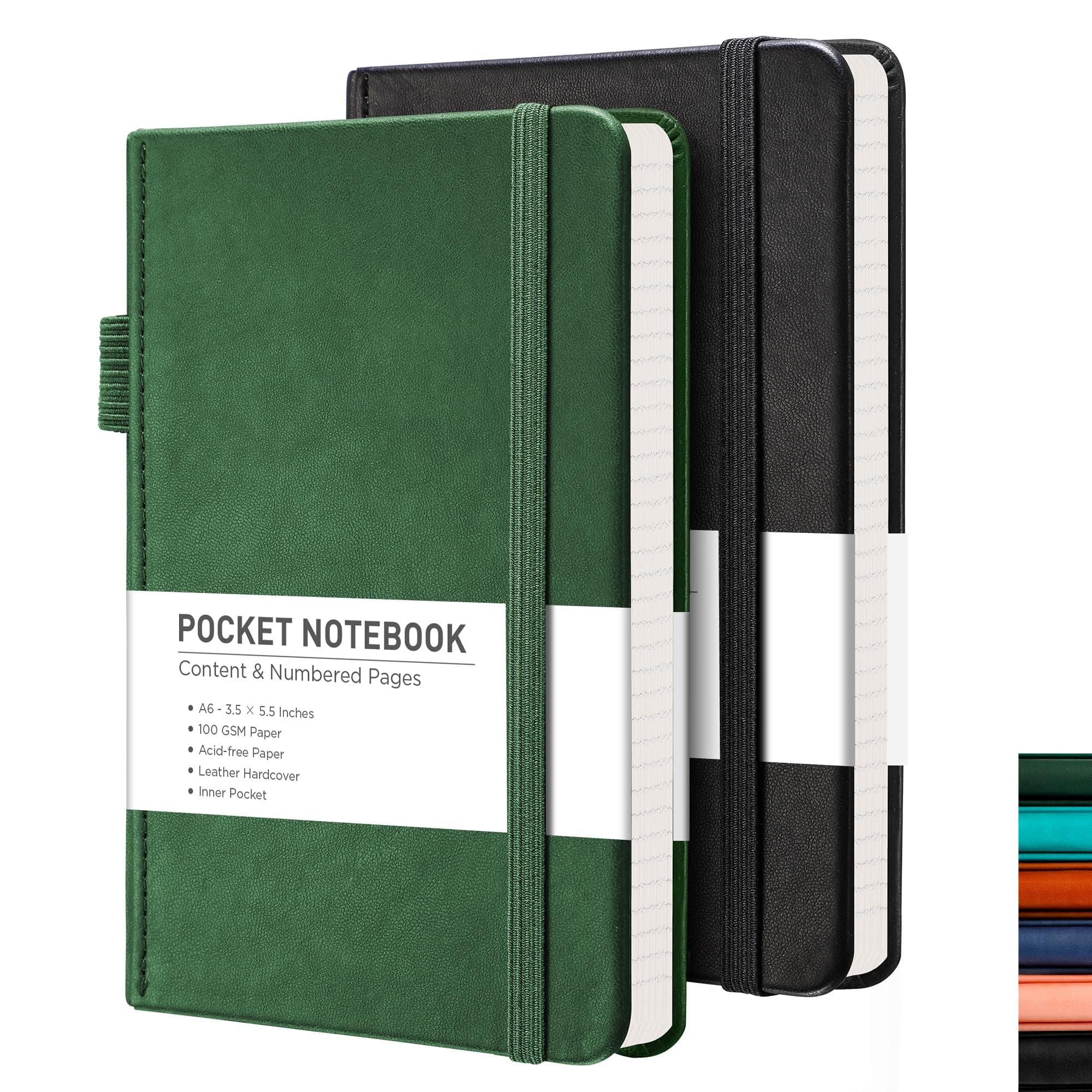 RETTACY Pocket Journal Notebook, 2-Pack, 160 Numbered Lined Pages per Pack, A6 Mini Small Size (3.5" × 5.5"), for Work, Journaling, Leather Hardcover, 100 GSM Thick Paper (Black & Dark Green)