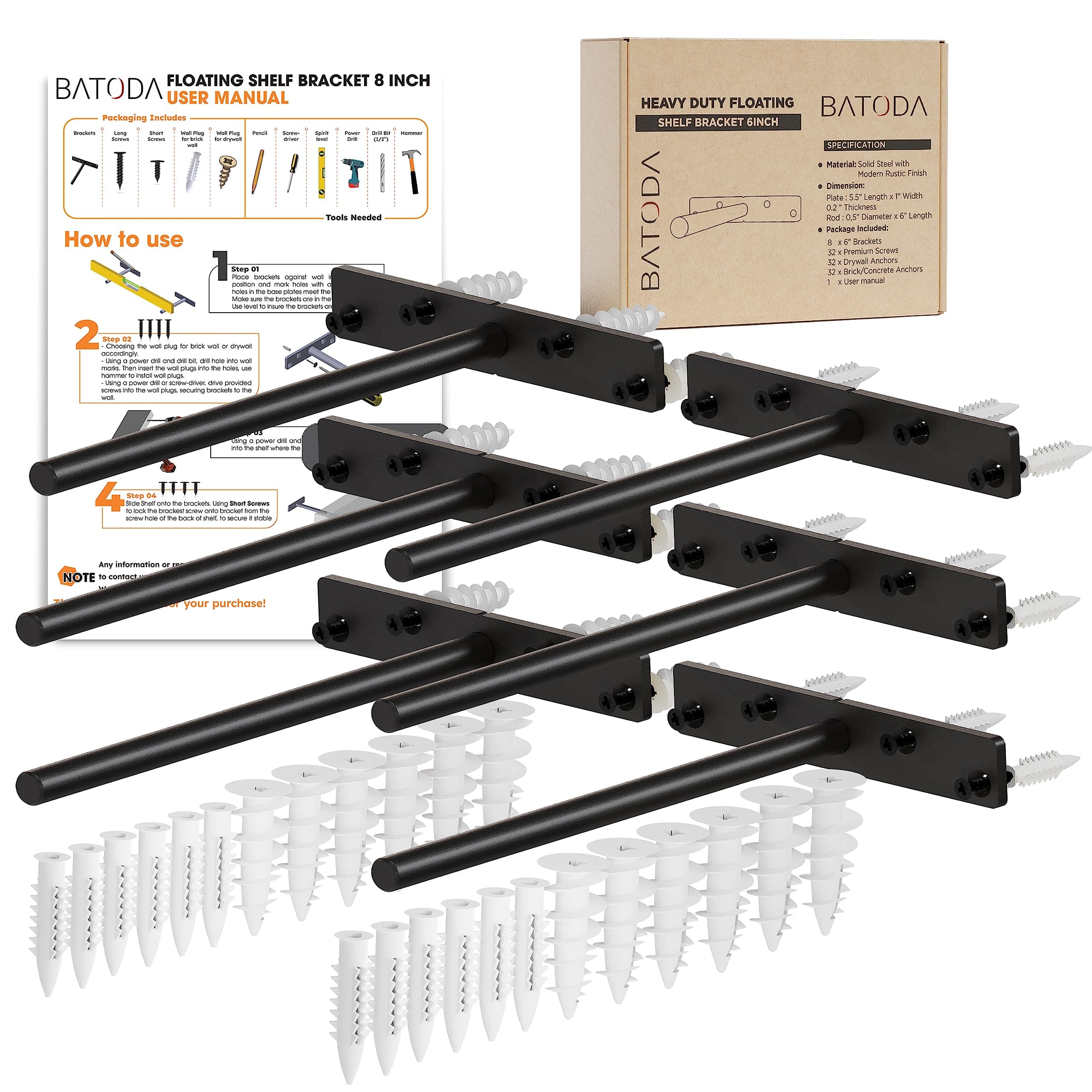 8" Floating Shelf Bracket Heavy Duty (6 pcs) –Solid Steel Blind Shelf Supports - Hidden Brackets for Floating Wood Shelves - Blind Shelf Support - Shelving Mounting Hardware Included (Pack 6)