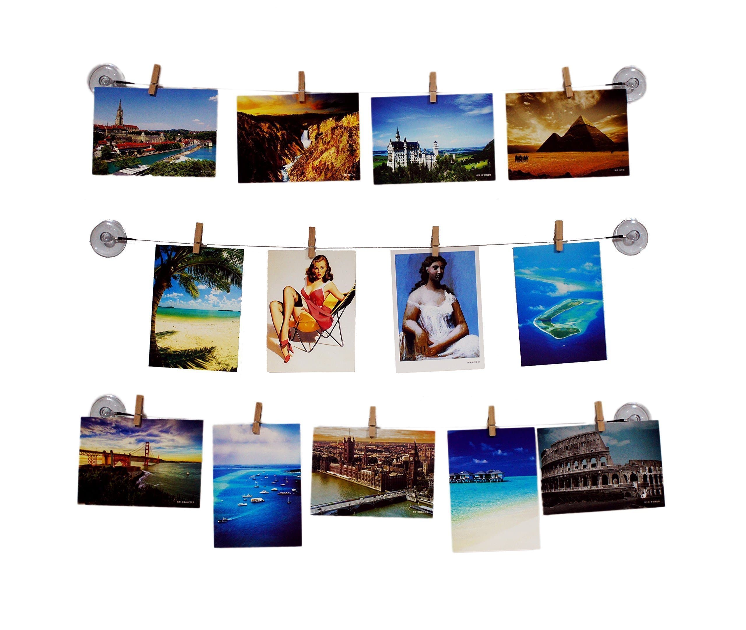 Behomi Photo Clip&String - 3X Wire Strings with Suction Cups for Picture Photo Wall Decor Natural Wood Clips Artworks Prints Multi Pictures Organizer Hanging Display Frame