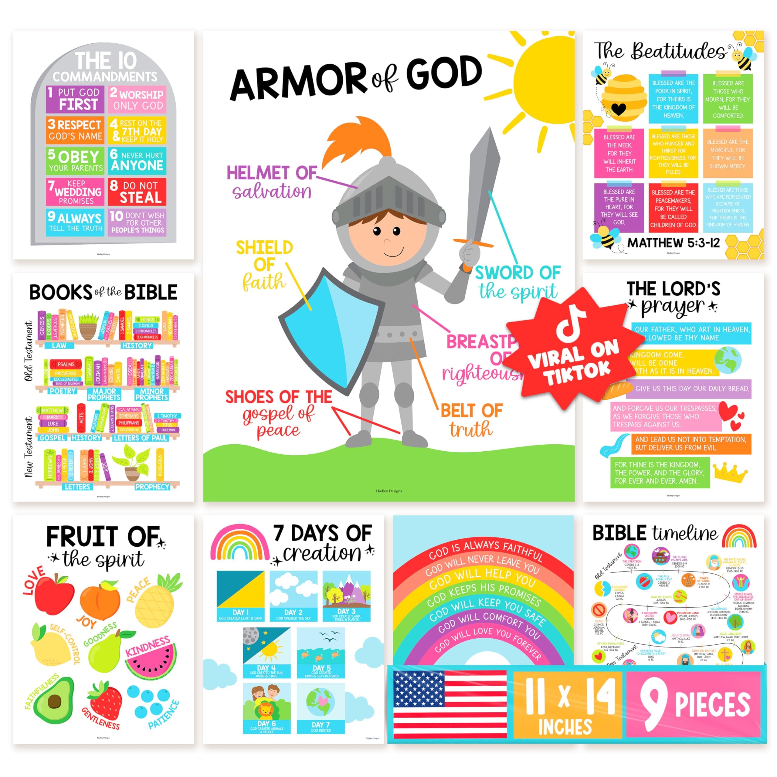 Hadley Designs Sunday School Decorations for Classroom – 9 Bible Posters for Kids, 11x14in Books of the Bible Poster, 10 Commandments, Fruits of the Spirit & More – Rainbow Christian Classroom Decor