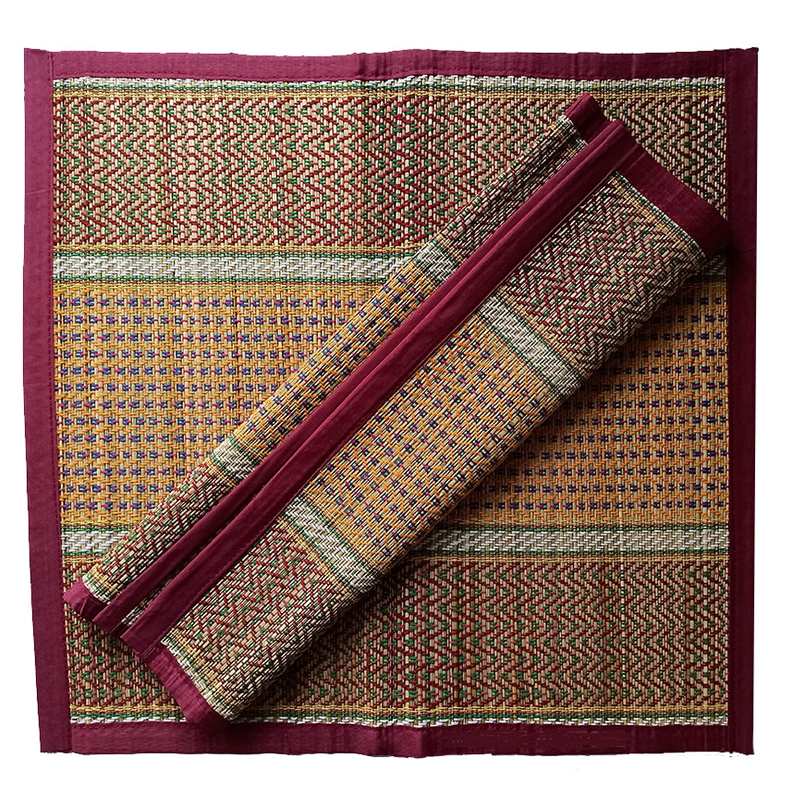 Handmade Korai Pai Kusha Grass Pooja Aasan Sitting Floor Rectangular Mats Multicolor 2 Piece