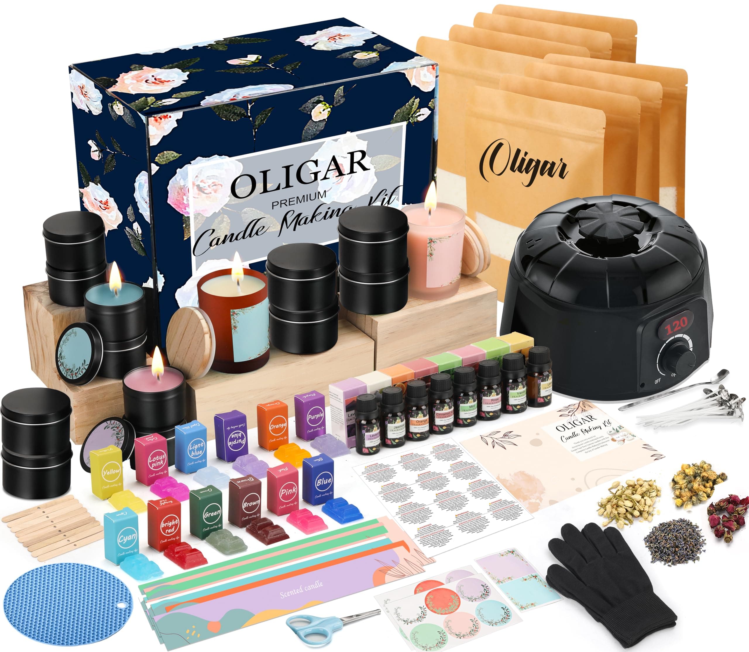 Oligar Complete Candle Making Kit with Wax Melter, Candle Making Supplies, DIY Arts&Crafts Kits Gift for Beginners,Adults,Kids,Including Electric Stove,Rich Scents,Dyes,Candle Tins,Soy Wax,Wicks