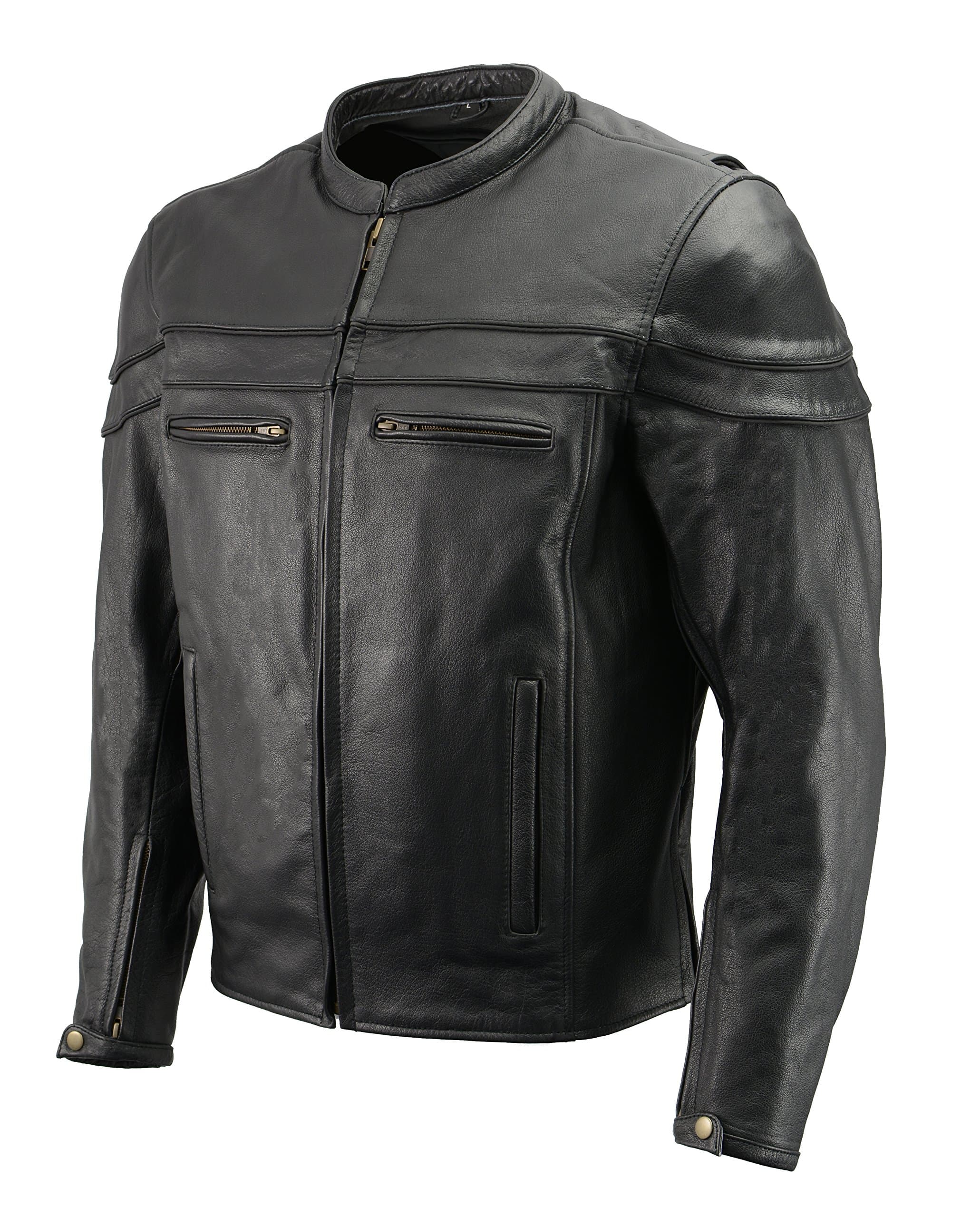 Men’s Leather Crossover Scooter Jacket w/Removable CE Armor | Premium Natural Buffalo Leather | Concealed Gun Pockets, Vented Motorcycle Jacket (Black, S)
