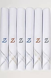 Caruso Italy Men's Initial Monogram (A-Z) Embroidery 100% Pure Cotton Handkerchief White Base With Colored Border - Pack Of 6