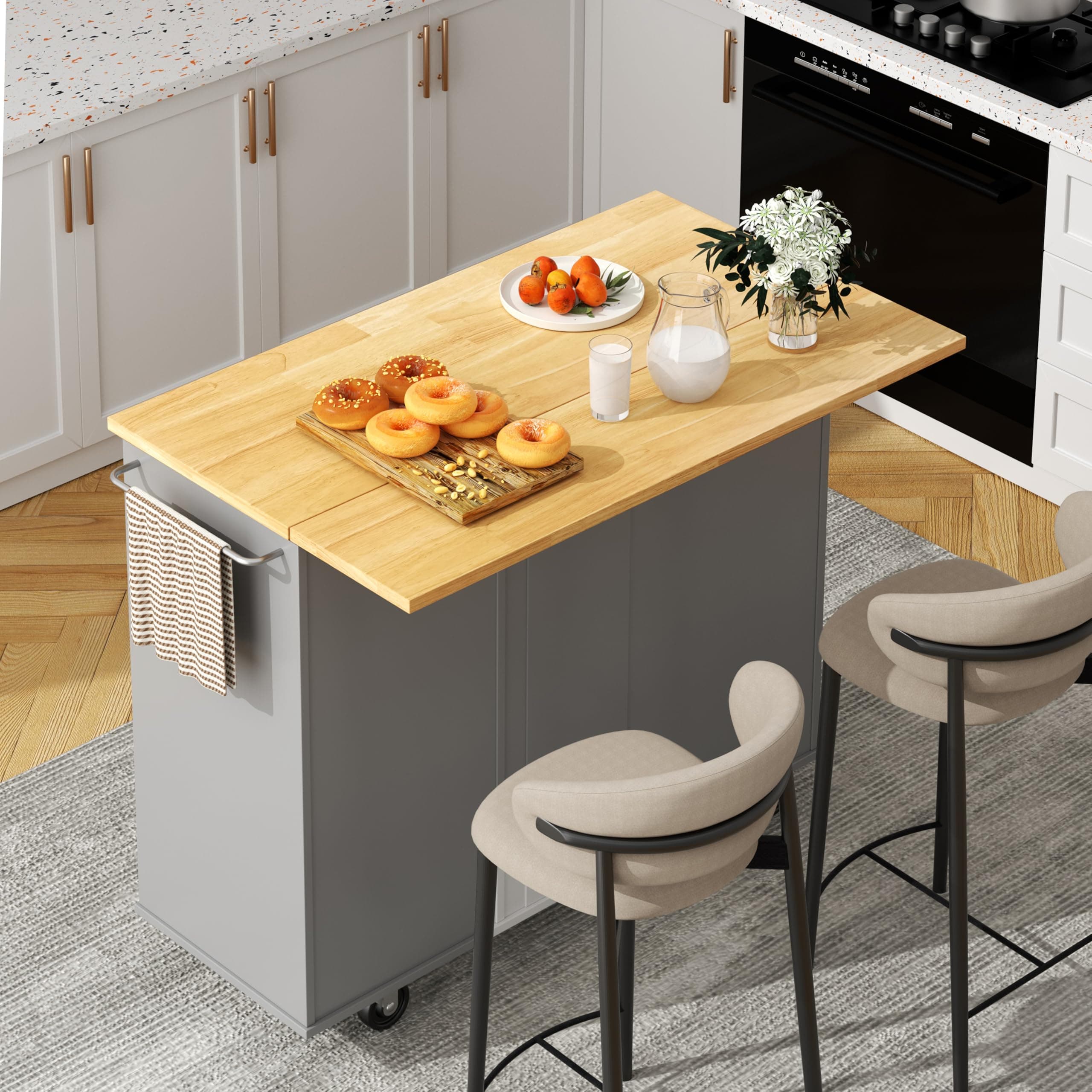 Shintenchi Kitchen Island with Folding Drop Leaf, Rolling Island Table with Storage, Kitchen Cabinet on Wheels with Seating Area for Kitchen, Bar Cart with Cabinet, Gray