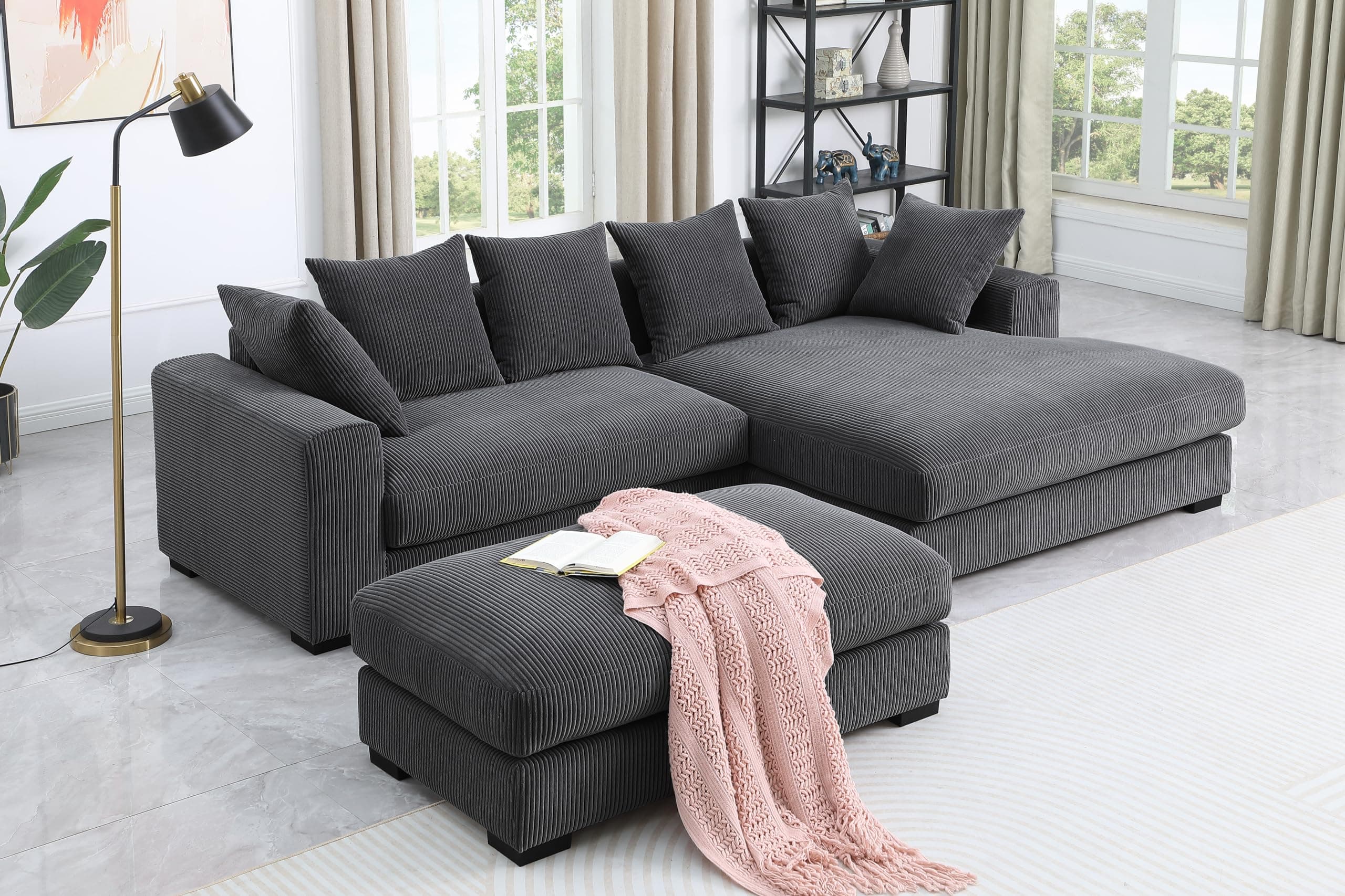 WILLIAMSPACE 109.75" Sectional Sofa Couch with Removable Ottoman, Modern Luxury Upholstered L-Shaped Sofa with Large Chaise Lounge, Comfy 4-Seat Couch with 6 Pillows for Living Room (Drak Gray)