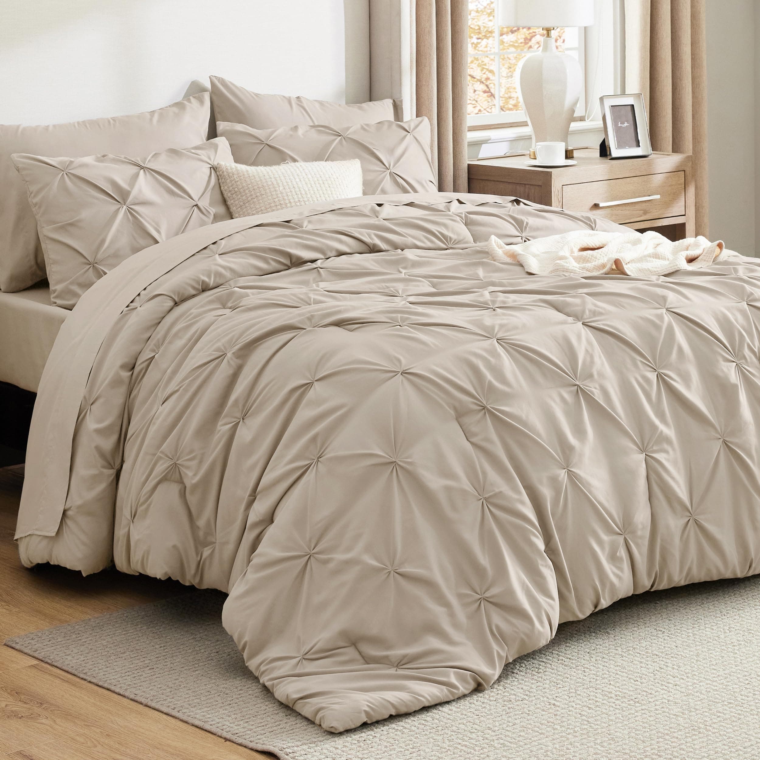 King Size Comforter Set - Bedding Set King 7 Pieces, Pintuck Bed in a Bag Beige Bed Set with Comforter, Sheets, Pillowcases & Shams