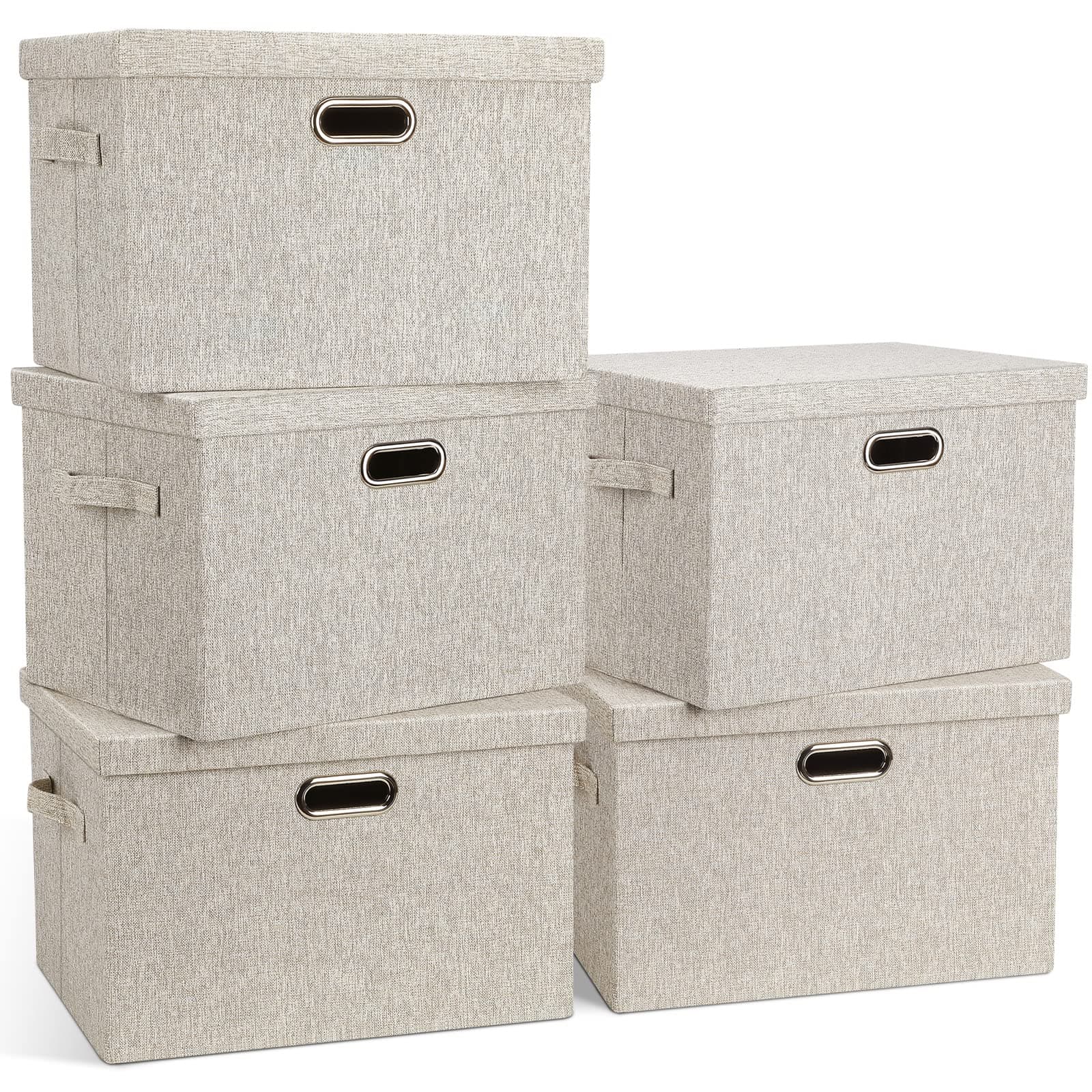 Large 17" 36 Quart Collapsible Stackable Storage Bins with Lids, 5 Packs Beige Linen Fabric Closet Boxes with Lids, Storage Cube Baskets Container Organizers for Bedroom Office(17 x12 x11)