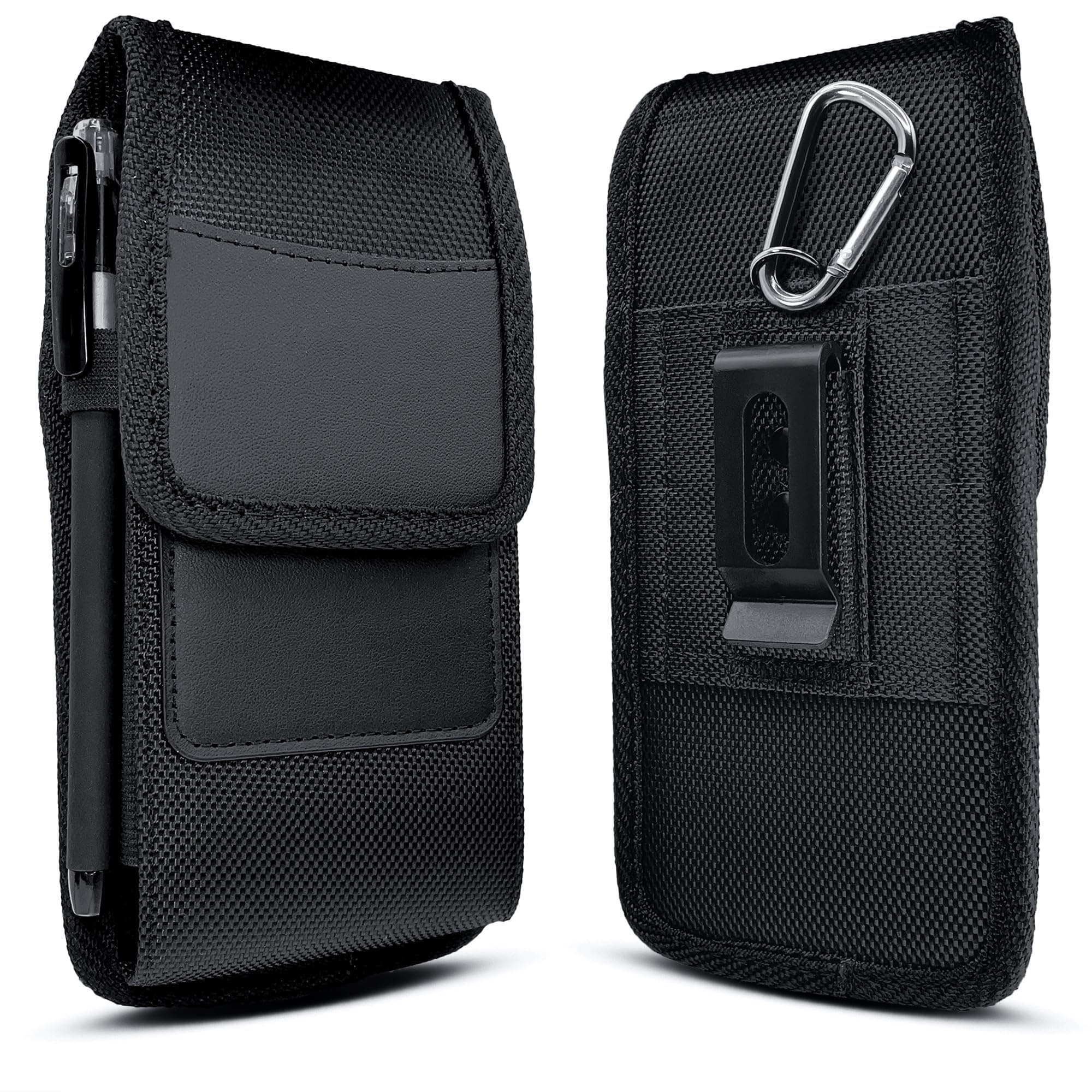 Holster for iPhone Plus, Pro Max Models (17 16 15 14 13 12 11 XS) – Nylon Cell Phone Belt Holder for Men, ID Card Slot, Case with Clip Pouch (Fits Otterbox Commuter Case) Black