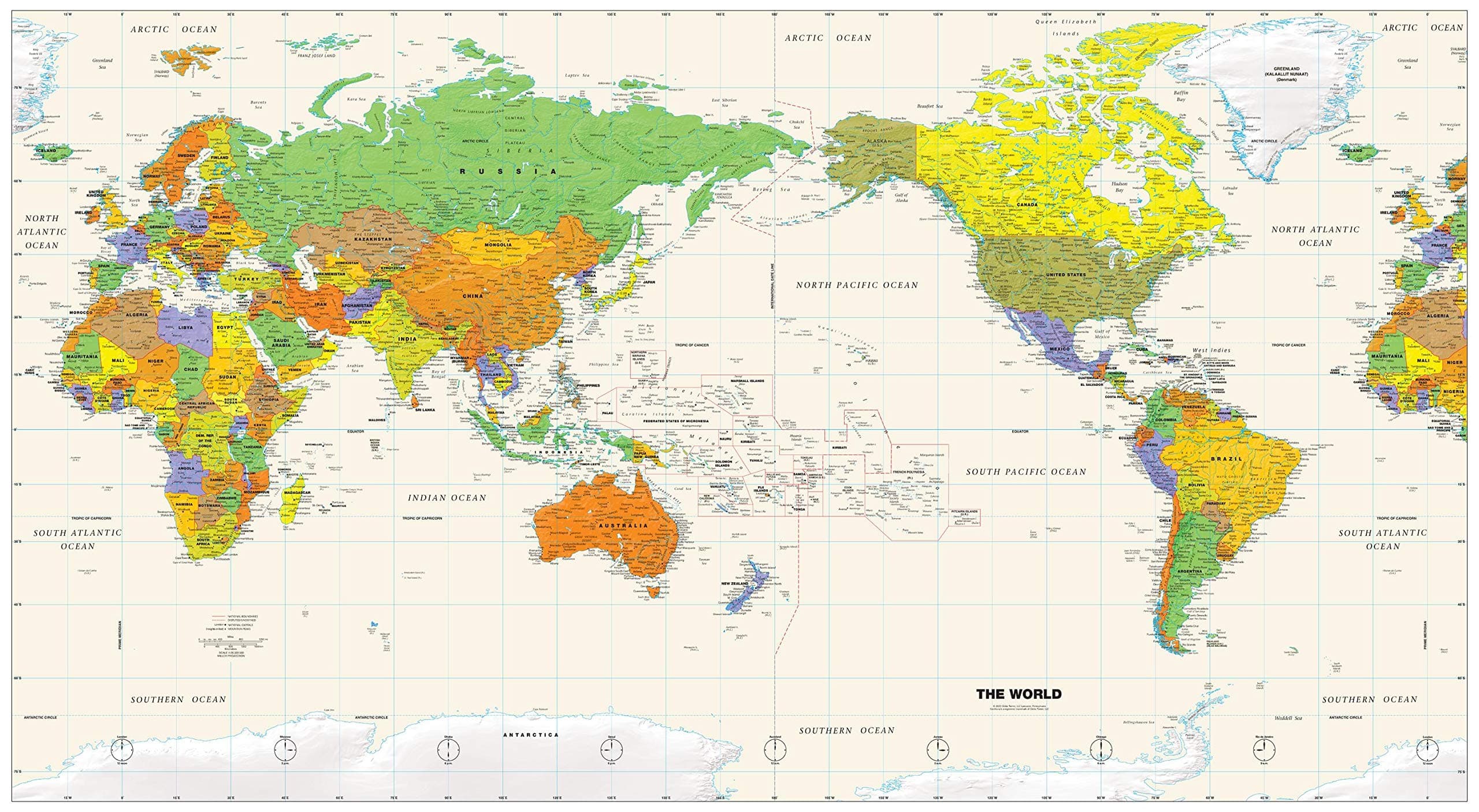 Pacific-Centered World Wall Map - 61" x 33.5" Paper