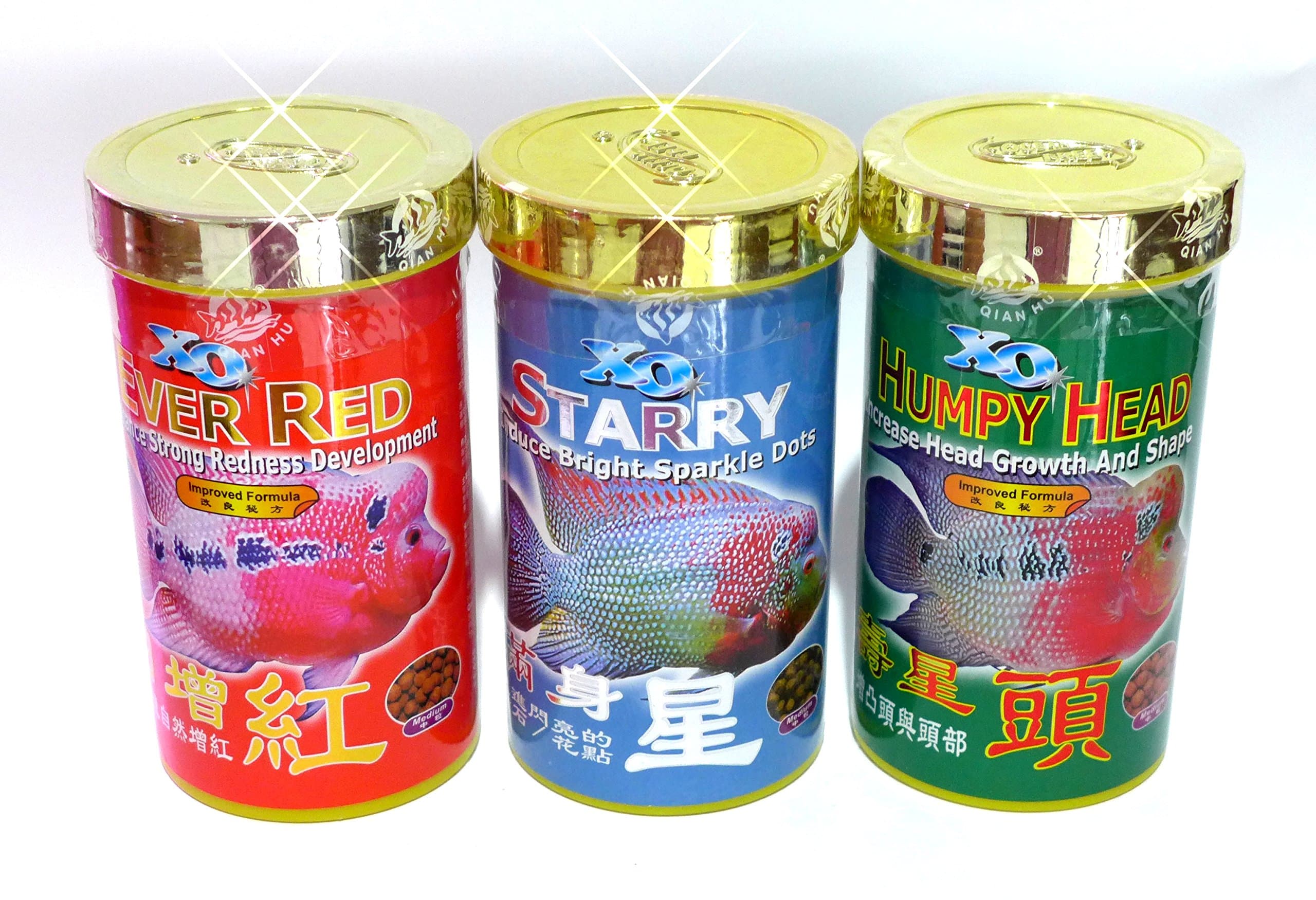 Xo EVER RED Enhance Strong Redness Development and HUMPY HEAD Increase head Growth And Shape Flowerhorn cichlid fish food 3 box 3 color