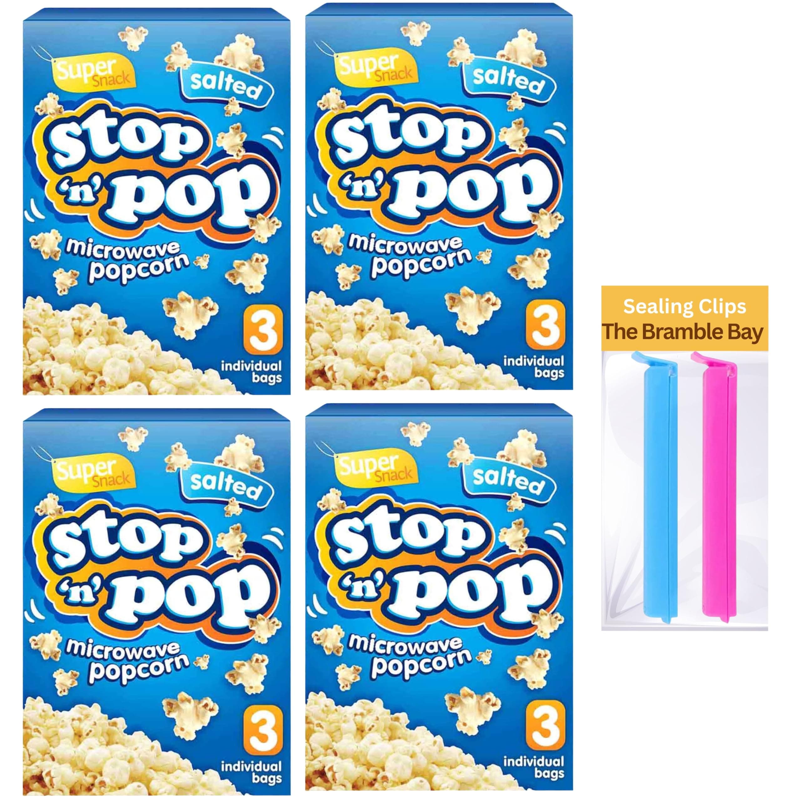 Popcorn Microwave Bundle contains Stop n Pop Salted Flavour, Pack of 4 X 3s, Total of 12 Bags, Sealing Clips x2