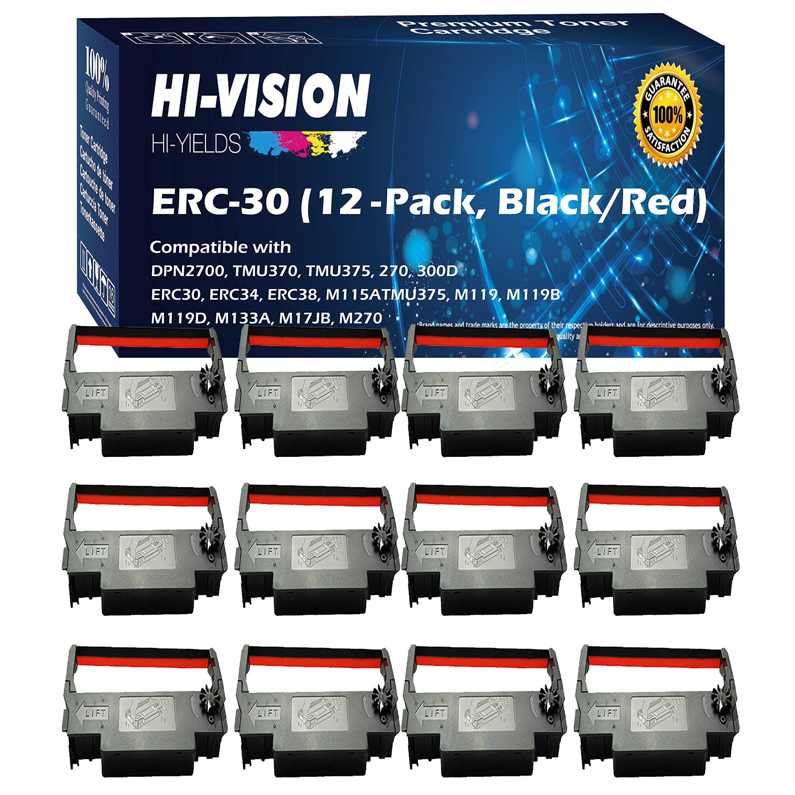 HI-VISION HI-YIELDS 12-Pack Compatible ERC-30 (Black/Red) Ink Ribbon Replacement for Epson M119 M119B M119D M133A M270 M52JB IT-U375 TM-200 TM-260 Printers
