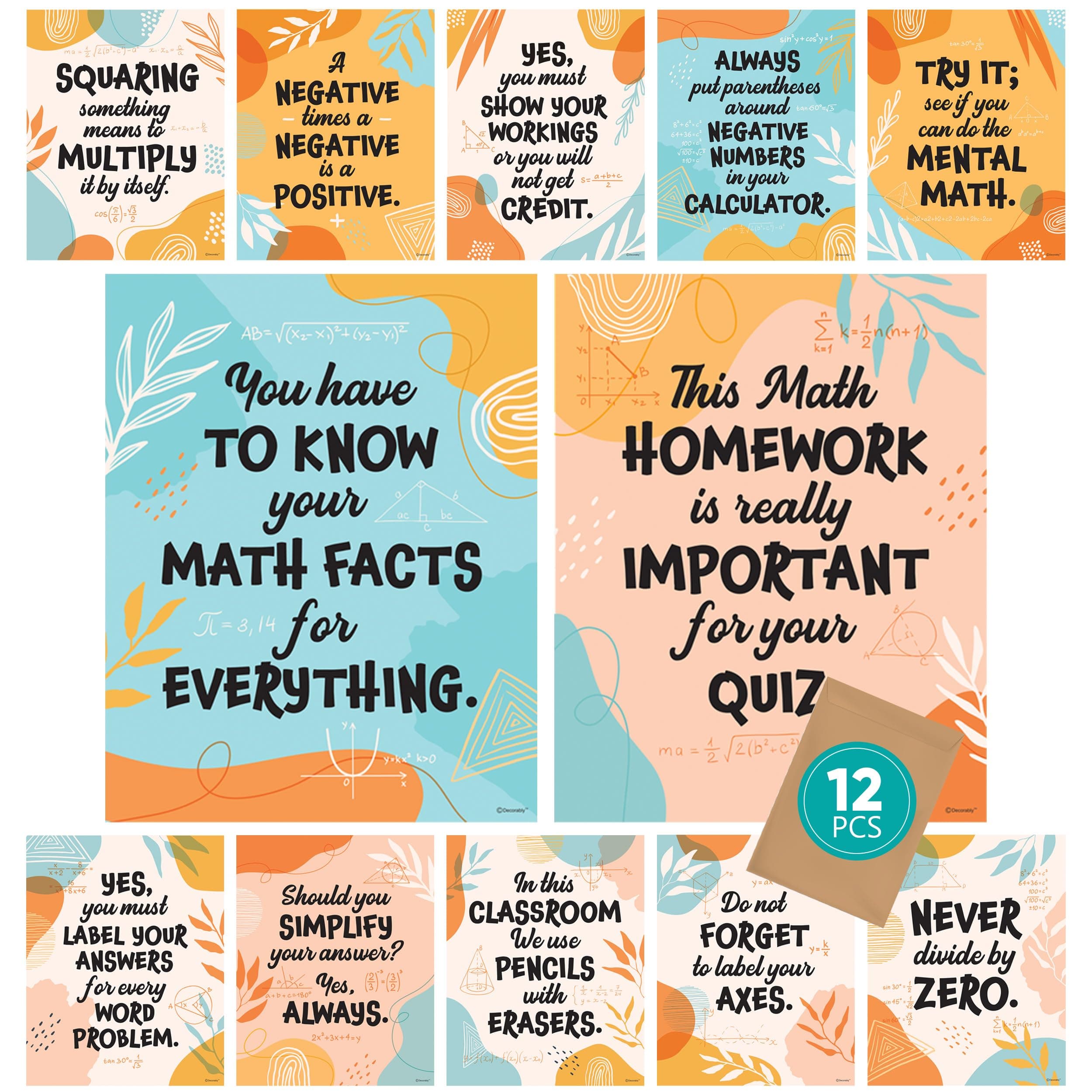 Decorably 12 Middle School Math Posters for Classroom Elementary - 11x14in Math Classroom Posters, Classroom Math Posters for Elementary School, Elementary Math Posters for Middle School, Math Poster