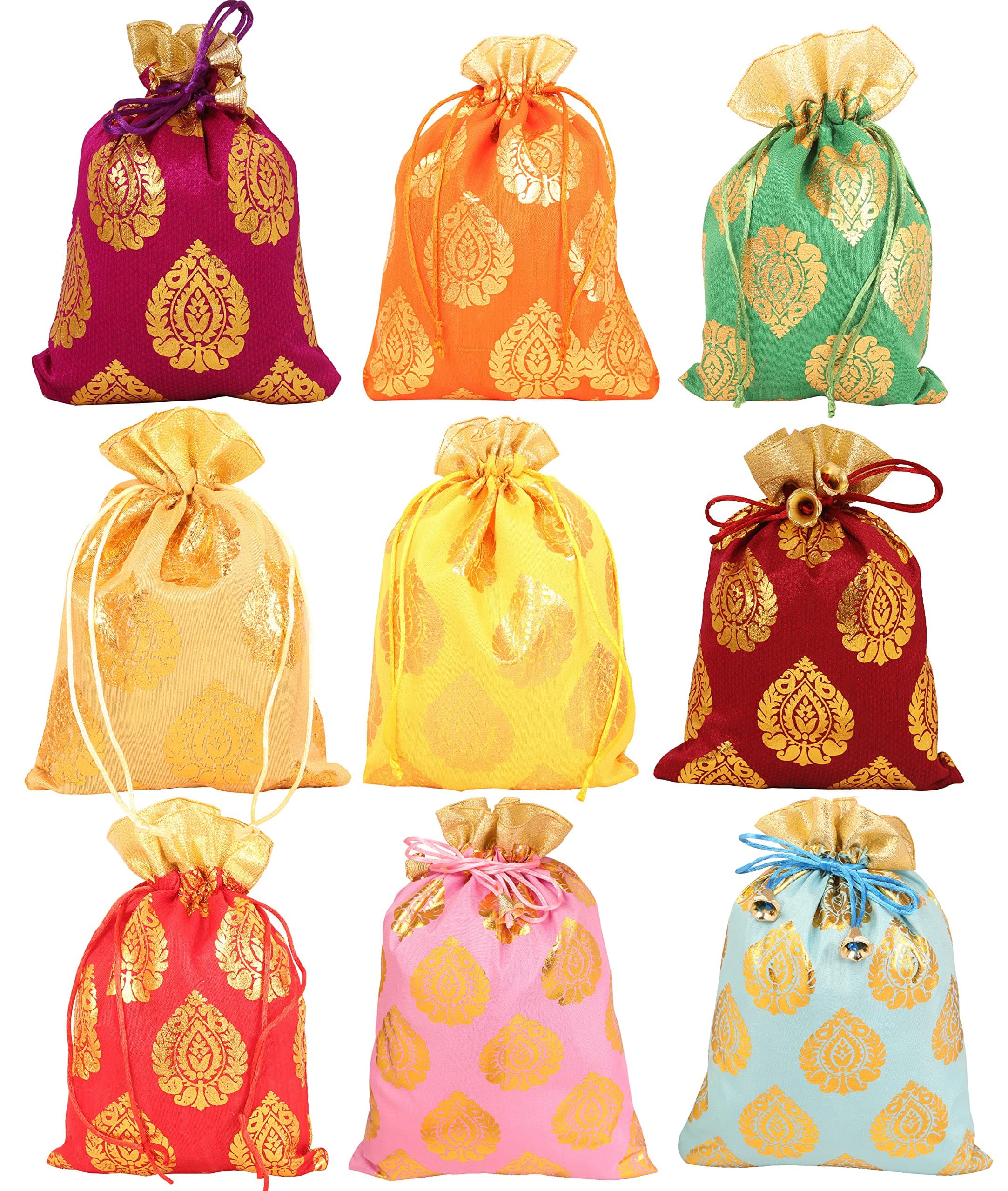Touchstone Gorgeous Gift Wrapping bags reusable environment friendly Large Drawstring Ficus Leaf Print for birthdays, wedding, return present packing set. pack of 9. 12x9 inches