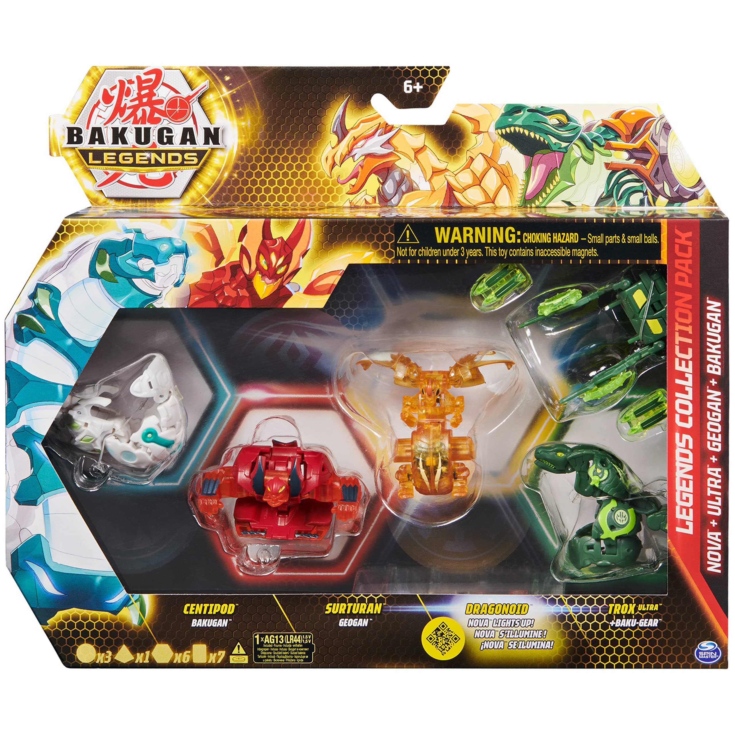 Legends Collection Pack, 4-Pack featuring Centipod, Surturan Geogan, Dragonoid Nova, Trox Ultra and 6 BakuCores, Kids’ Toys for Ages 6 and Up