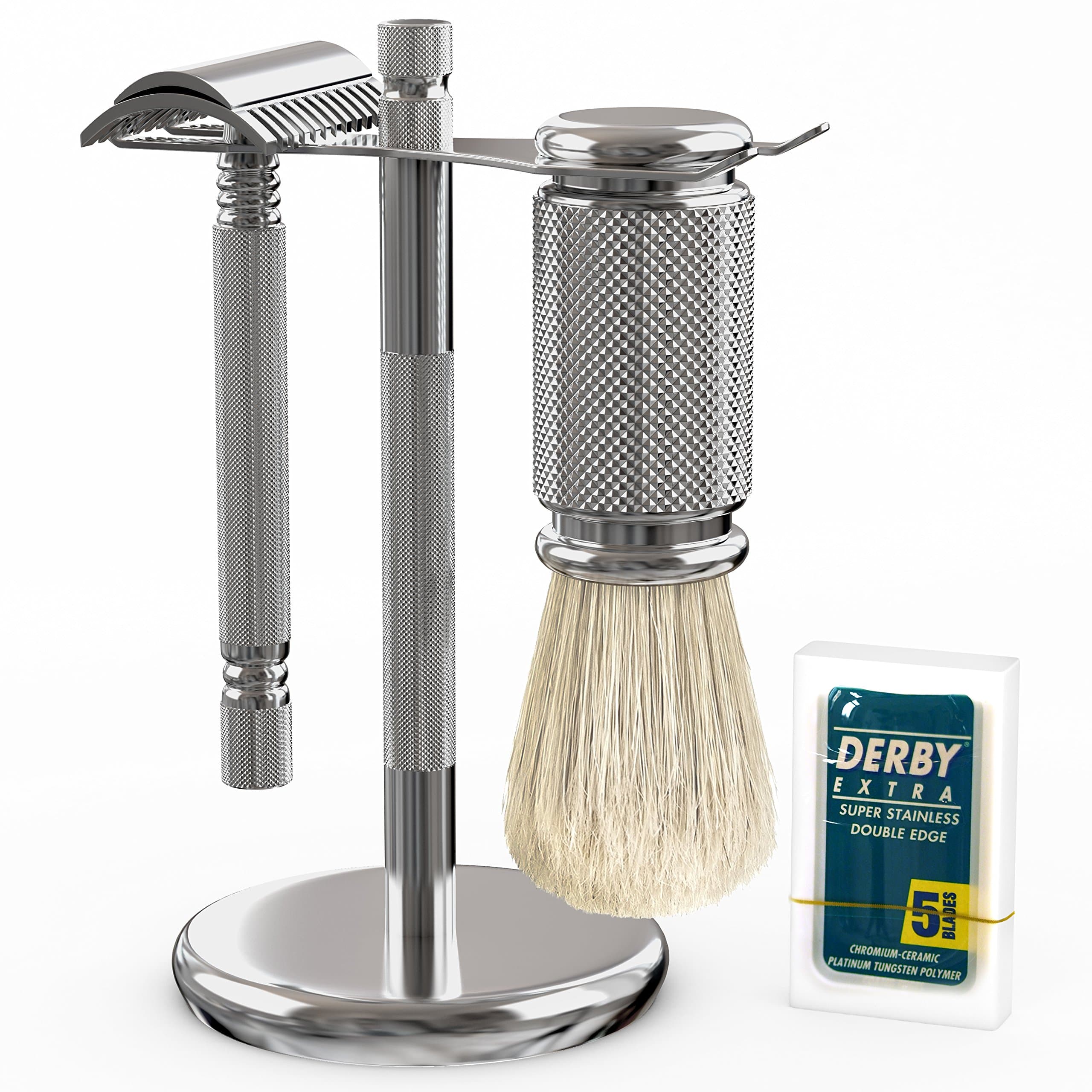 COMPLETE MEN'S SHAVING SET - Sturdy Long Handle Double Edge Razor Kit - Includes Full Stand, Boar Hair Shave Brush and 5 Derby Blades. Everything You Need To Start Shaving Including Our Best Selling Premium 3 Piece Open Comb Razor in a Convenient Gift Set. Outstanding Offer Only From AmbroleyOnline - 60 Day Money Back Guarantee. You Won't Be Disappointed! Makes a Great Gift