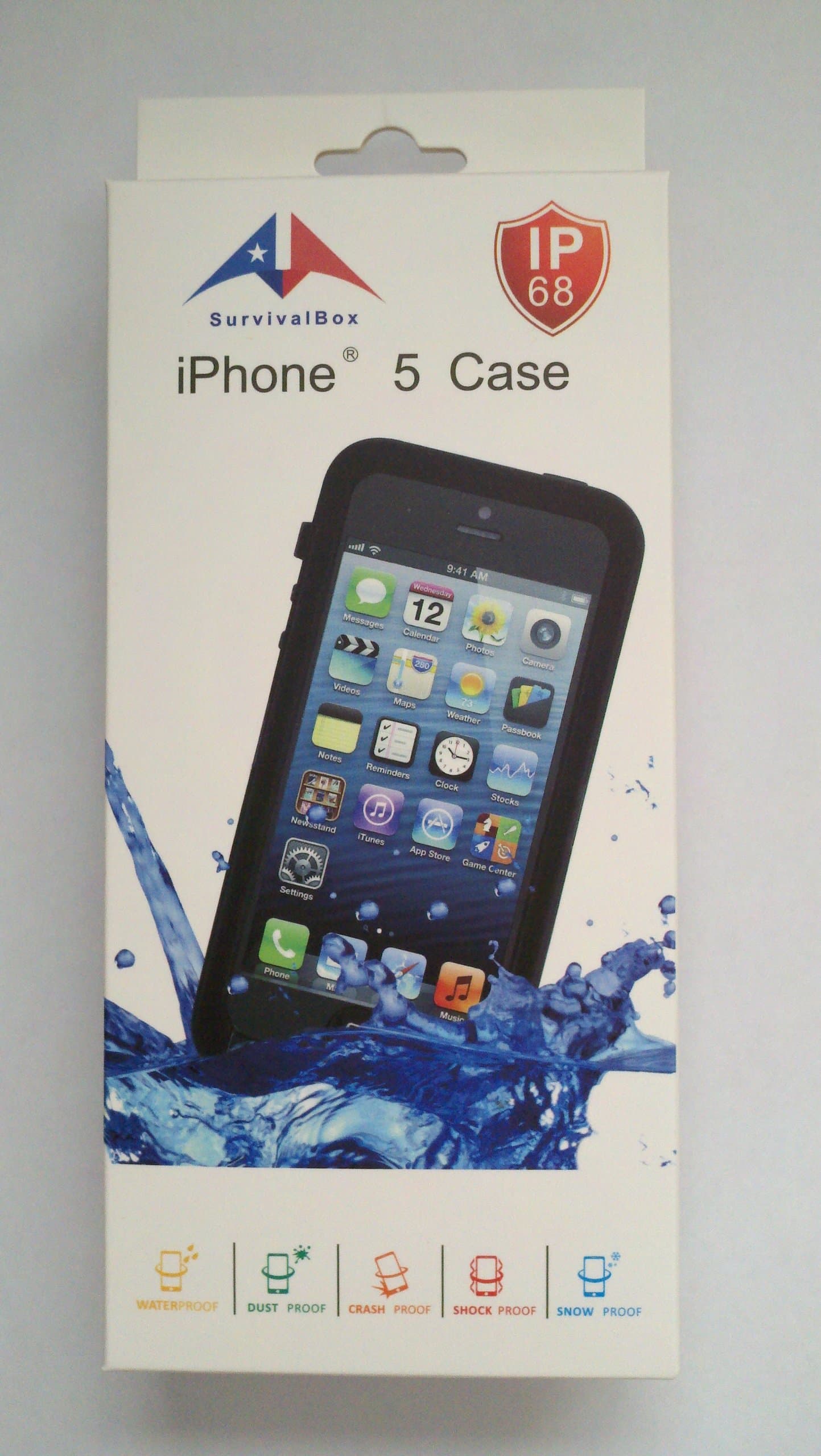 SurvivalBox iPhone 5/5s Case Waterproof Dustproof Shockproof Snowproof Crash Proof - Retail Packaging (Black) It is Compatible with i5s But Finger Print Sensor will NOT Work Defends from Water Damage up to 6.6ft(2m) Underwater Keeps Out Dirt Dust Mud Food and Debris Protect From Drops and Crashes Protects from Shock and Pressure Tested to Military Standard (MIL-STD 810F-516) to Withstand Drops of up to 6.6ft(2m) and Withstand Shocks of Up To 200kg of Force Safeguards from Elements Rain Hail Ice or Snow Up To 40℃ Below Zero Comes with Survivalbox Waterproof Case (NO iphone 5/5s, belt/back clip included), 2 Headphone Jack Covers, 1 Headphone Jack Cover Keeper, and 1 Headphone Adaptor. Designed for Original i5