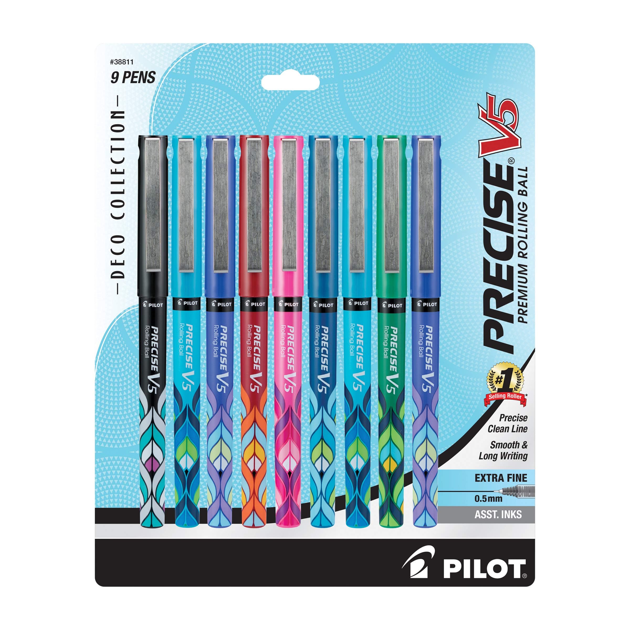 PILOT Precise V5 Stick Deco Collection Liquid Ink Rolling Ball Stick Pens, Extra Fine Point (0.5mm) Assorted Ink Colors, 9-Pack (38811)