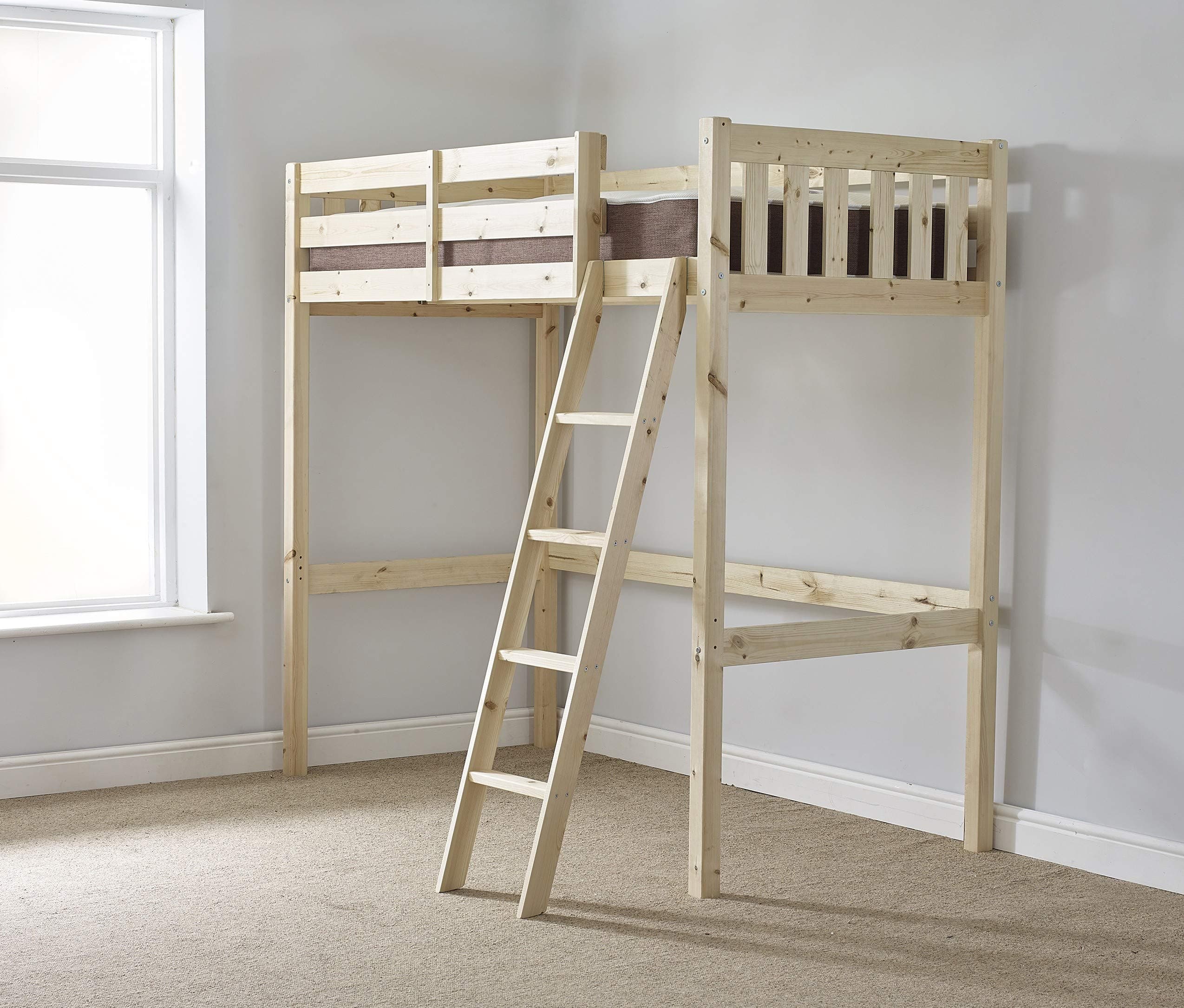 Loft Bunk Bed - 2ft 6 small single wooden high sleeper bunkbed - with mattress. Ladder can go left or right - CAN BE USED BY ADULTS
